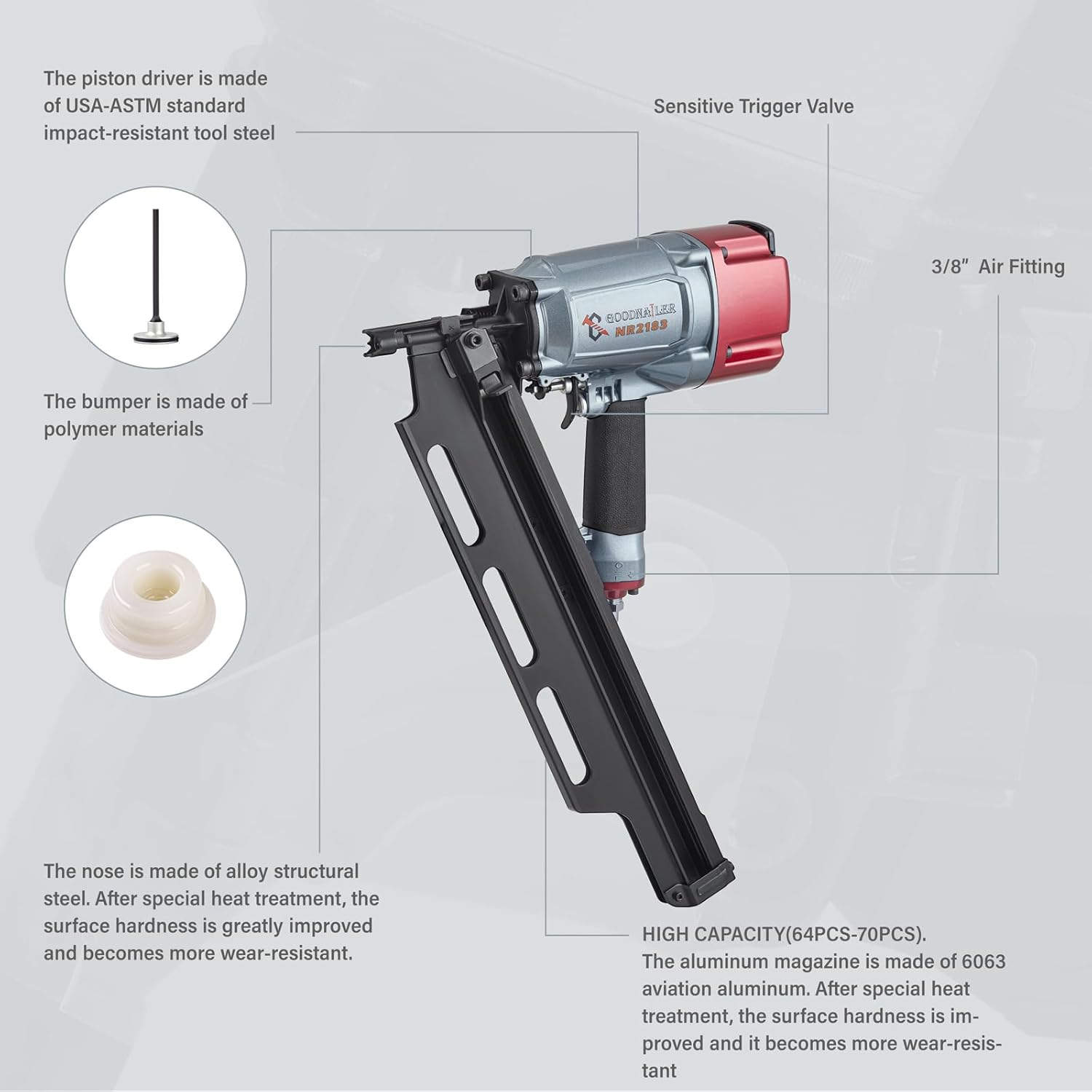 BRAND, CATEGORY, FRAMING NAILERS, GOODNAILER, NR2183 Framing nailer 21 Degree Plastic Strip Nailer 2-Inch up to 3-1/4-Inch Plastic Collated Full Head Framing Nails Aluminum Magazine Light Weight Fast Speed