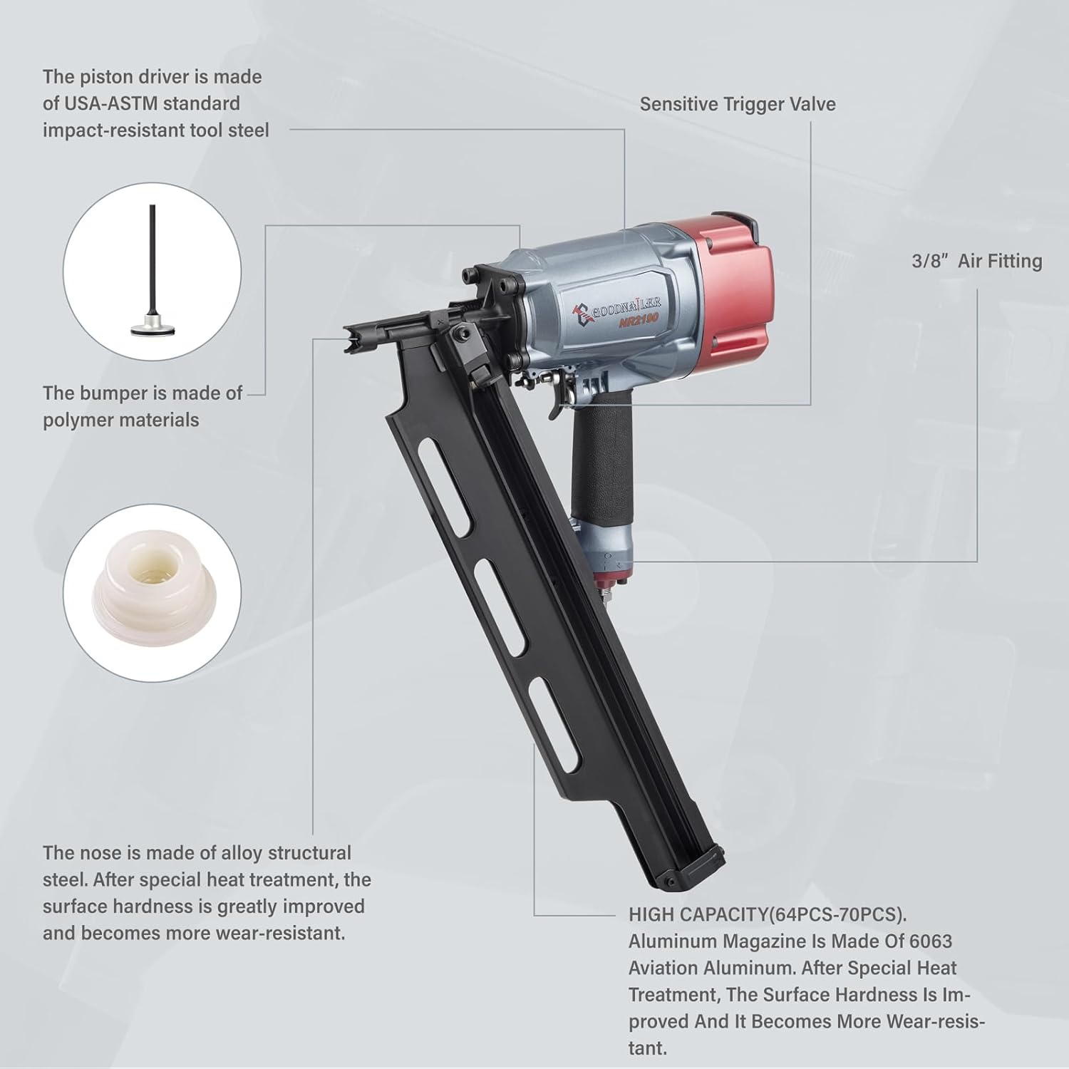 BRAND, CATEGORY, FRAMING NAILERS, GOODNAILER, NR2183 Framing nailer 21 Degree Plastic Strip Nailer 2-Inch up to 3-1/4-Inch Plastic Collated Full Head Framing Nails Steel Magazine Light Weight Fast Speed