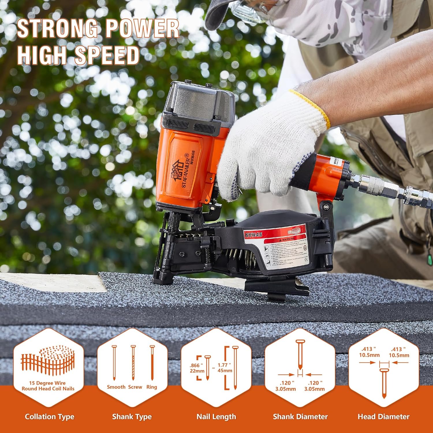 BRAND, CATEGORY, ROOFING NAILERS, STAFANAILER, NVH45 Coil Roofing Nailer 7/8-Inch up to 1-3/4-Inch Round Head Nails 15 Degree Pneumatic Tool for Asphalt Roofing Shingles, Insulation Boards and Wooden Boxes