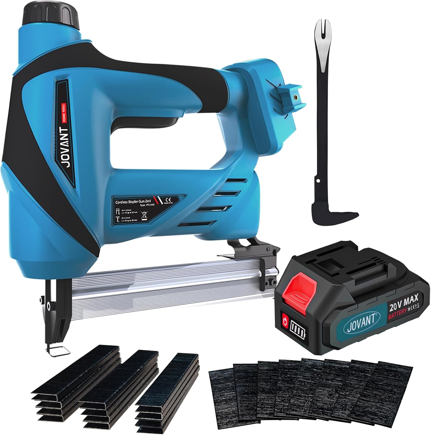 BRAD NAILERS, BRAND, CATEGORY, JOVANT, Nail Gun Battery Powered, Cordless Nail Gun with 1 * 2.0Ah Li-ion Battery, 20V 2 in 1 Electric Nail Gun with Staple Remover, Cordless Brad Nailer for Upholstery, Carpentry and Woodworking