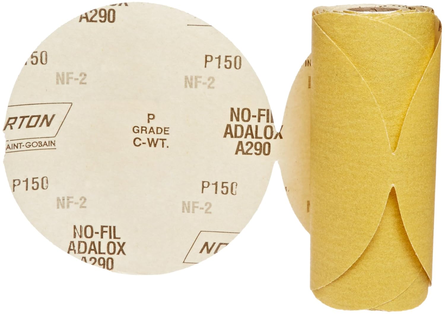 BRAND, CATEGORY, FIBER BACKED ABRASIVE DISCS, NORTON, Norton 07660749242 Stick and Sand Abrasive Disc with Pressure-Sensitive Adhesive Attachment, Aluminum Oxide, 6" Diameter, Grit P150 Fine (Roll of 50)