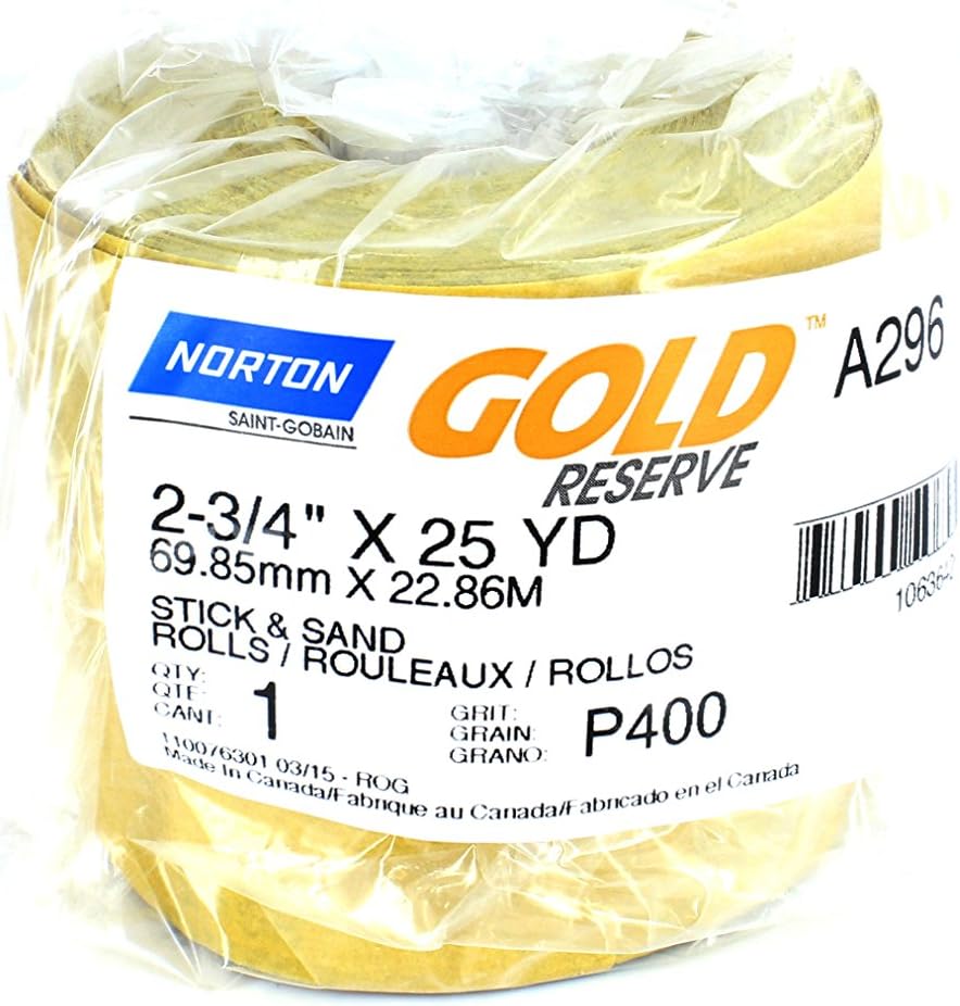 BRAND, CATEGORY, NORTON, PSA DISCS, Norton 6147 Sandpaper Dura Block Gold Sticky Back Roll 2.75" X 25YD 400 Grit PSA