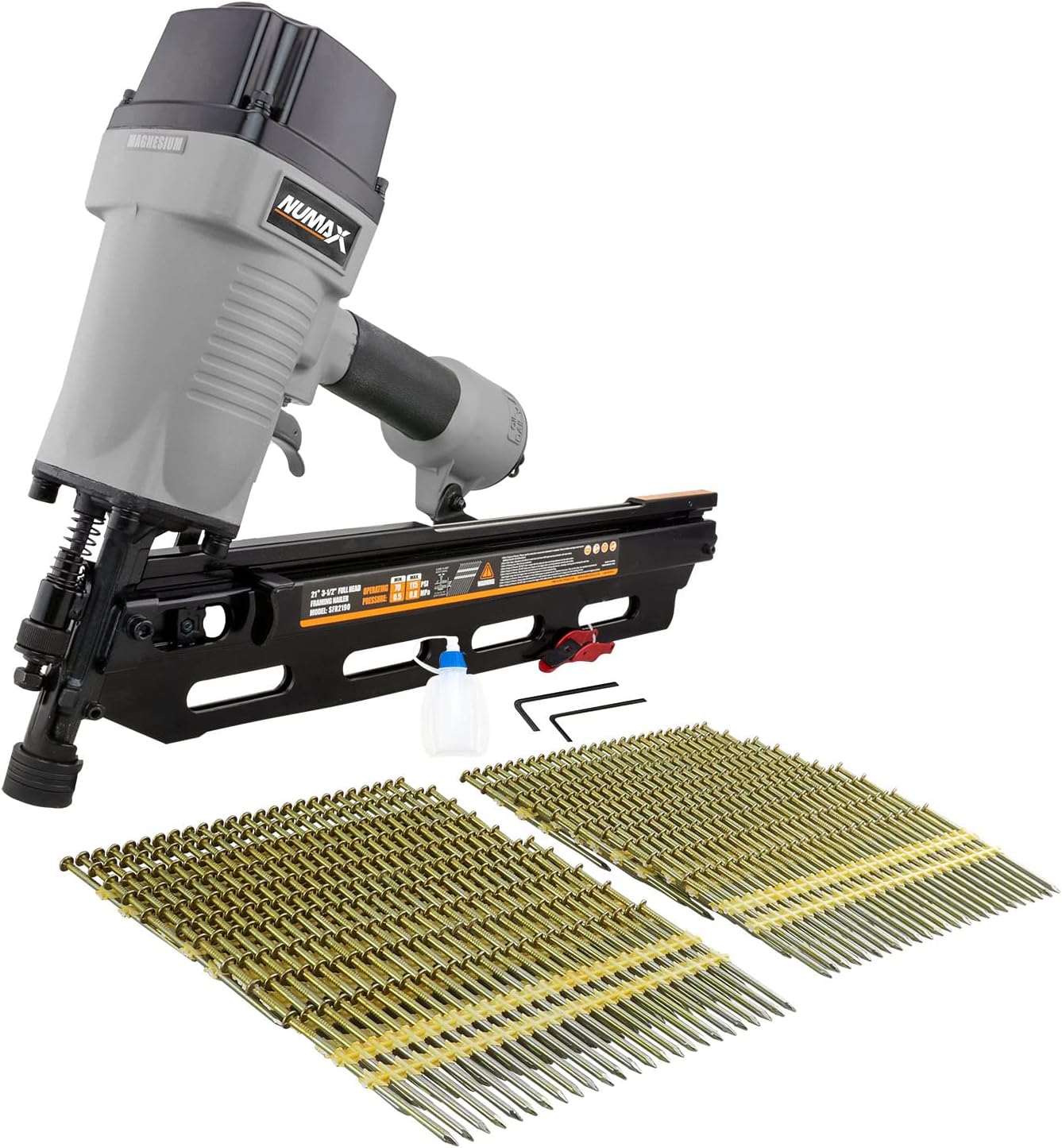 BRAND, CATEGORY, FRAMING NAILERS, NUMAX, NuMax SFR2190WN Pneumatic 21 Degree 3-1/2" Full Round Head Framing Nailer with Nails (500 count)