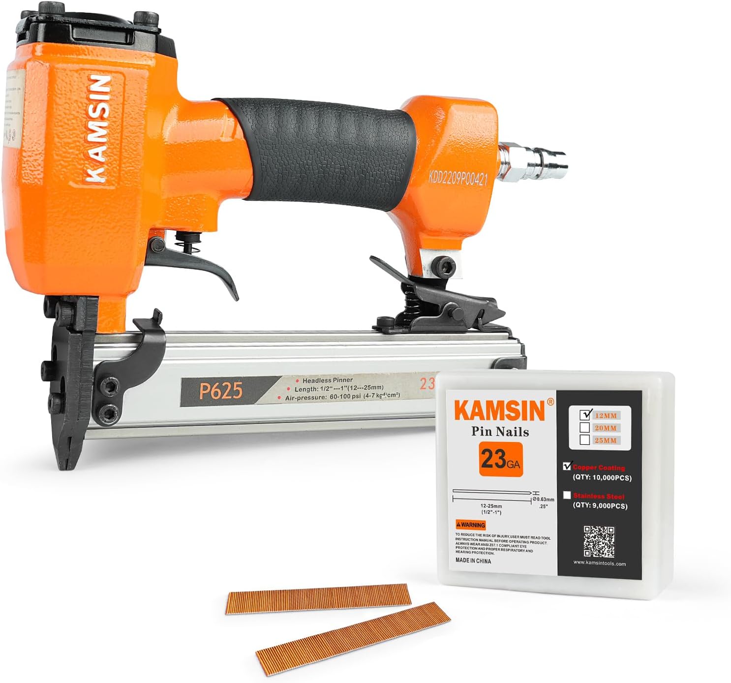 BRAND, CATEGORY, KAMSIN, PINNERS, P630 23 Gauge Pneumatic Headless Pin Nailer Kit With 10,000PCS Pin Nails, 1/2-Inch to 1-3/16-Inch Leg Length, Air Power Micro Pinner With Safety For Furniture, Cabinets, Interior Decoration