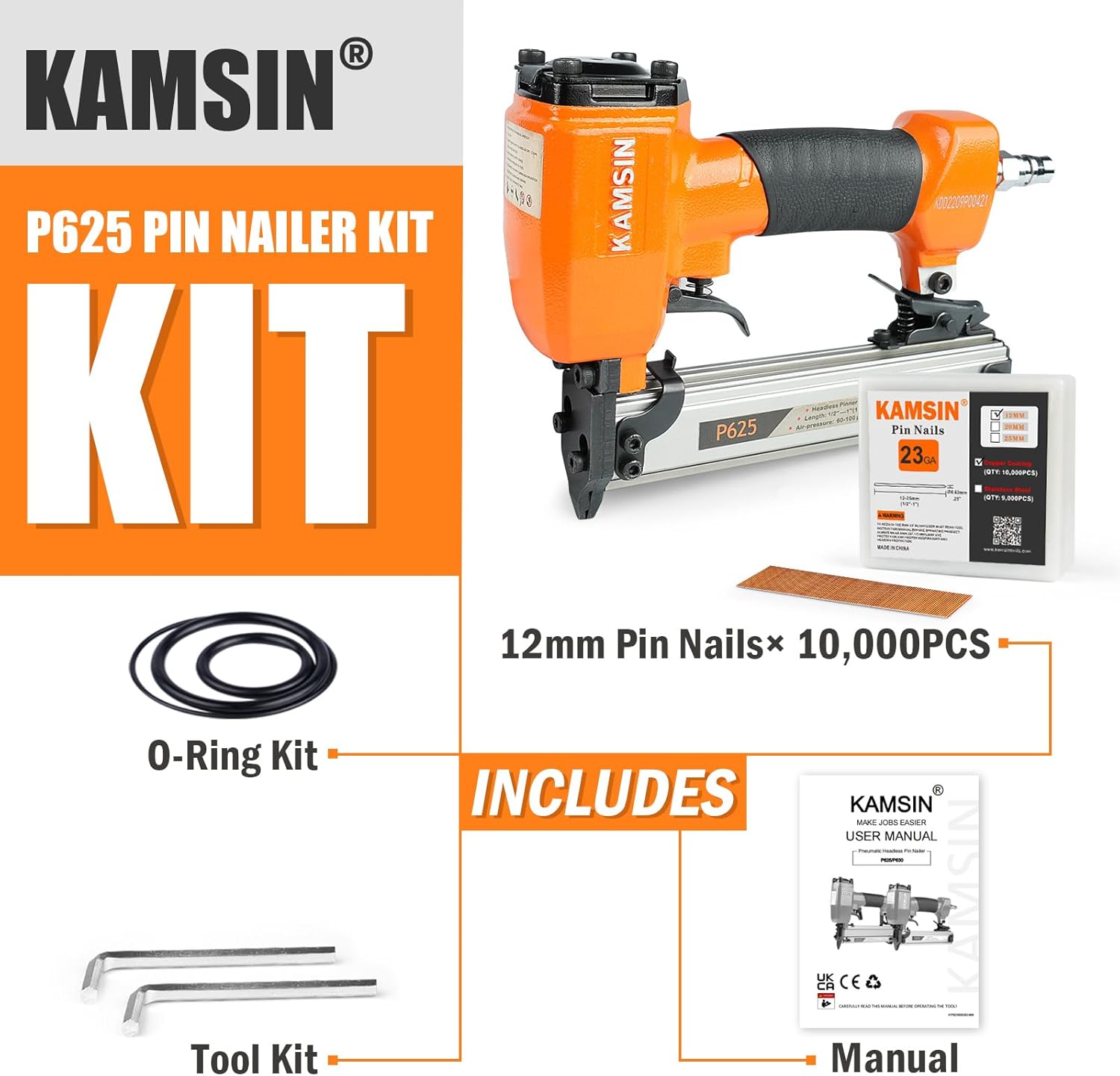 BRAND, CATEGORY, KAMSIN, PINNERS, P630 23 Gauge Pneumatic Headless Pin Nailer Kit With 10,000PCS Pin Nails, 1/2-Inch to 1-3/16-Inch Leg Length, Air Power Micro Pinner With Safety For Furniture, Cabinets, Interior Decoration