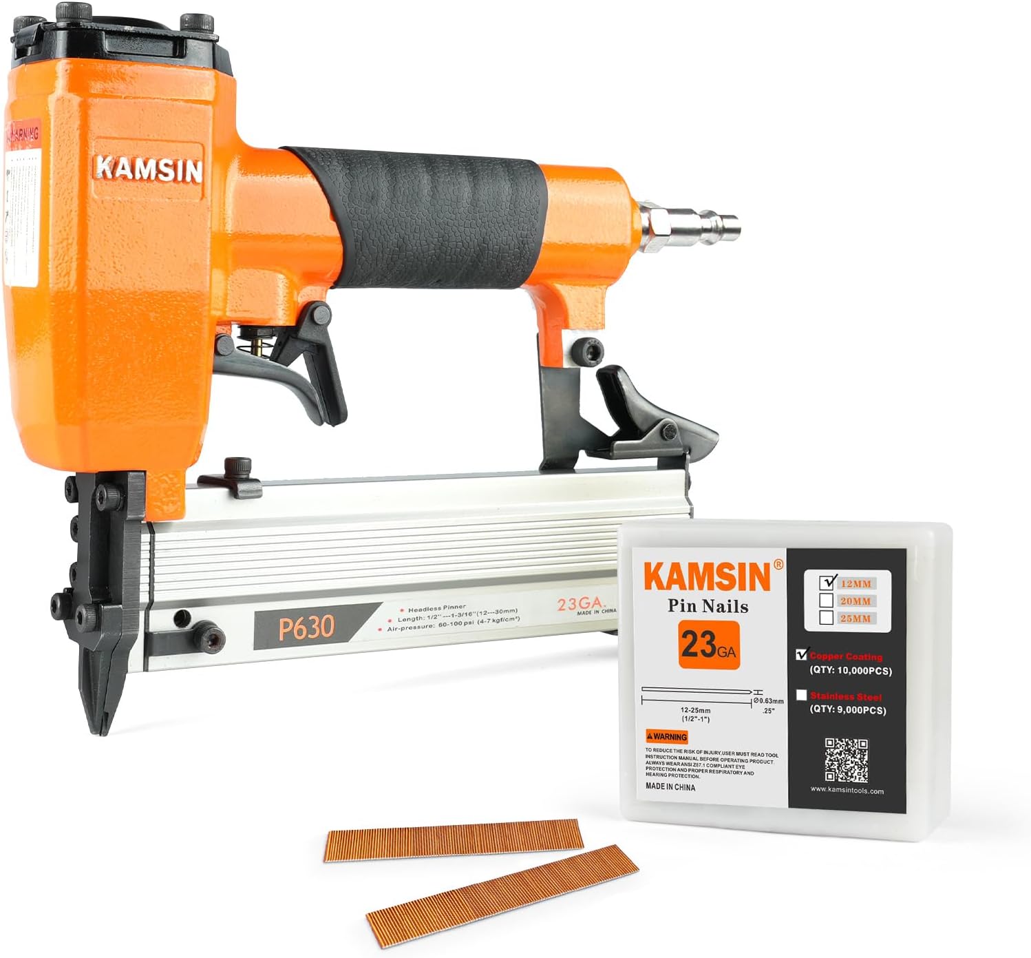 BRAND, CATEGORY, KAMSIN, PINNERS, P630 23 Gauge Pneumatic Headless Pin Nailer Kit With 10,000PCS Pin Nails, 1/2-Inch to 1-3/16-Inch Leg Length, Air Power Micro Pinner With Safety For Furniture, Cabinets, Interior Decoration