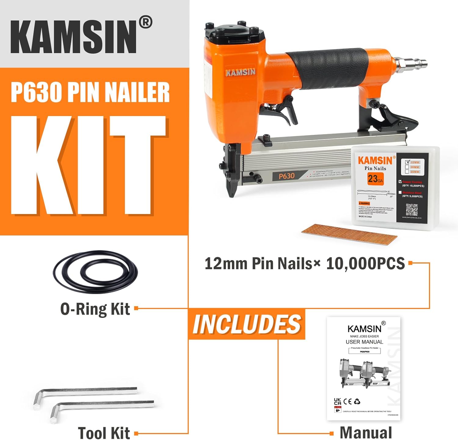 BRAND, CATEGORY, KAMSIN, PINNERS, P630 23 Gauge Pneumatic Headless Pin Nailer Kit With 10,000PCS Pin Nails, 1/2-Inch to 1-3/16-Inch Leg Length, Air Power Micro Pinner With Safety For Furniture, Cabinets, Interior Decoration