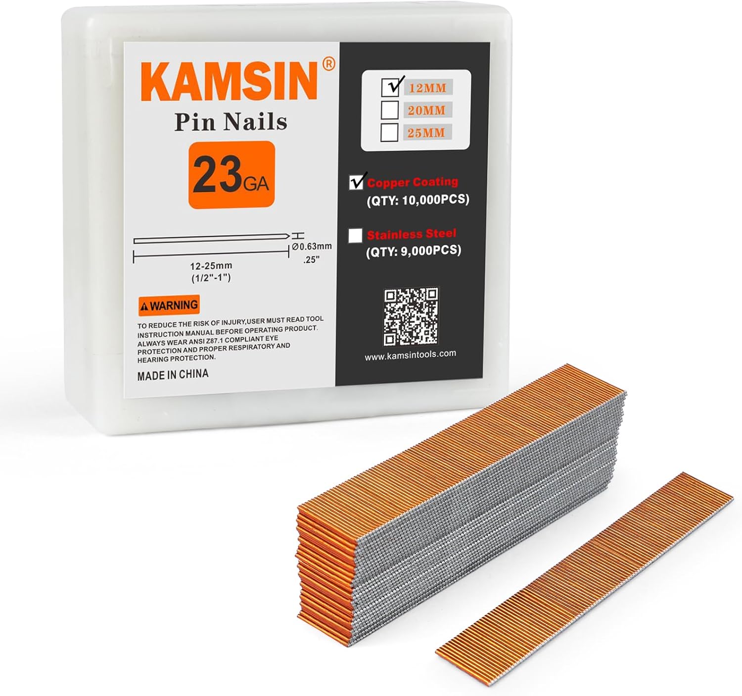 BRAND, CATEGORY, KAMSIN, PINNER NAILS, P612 Headless Pin Nails, 23 Gauge 1/2'' (12mm) Leg Length, Copper Coating, 10,000 PCS/BOX, Pin Nails & Fasteners for Pneumatic Pin Nailer Air Pin Nail Gun