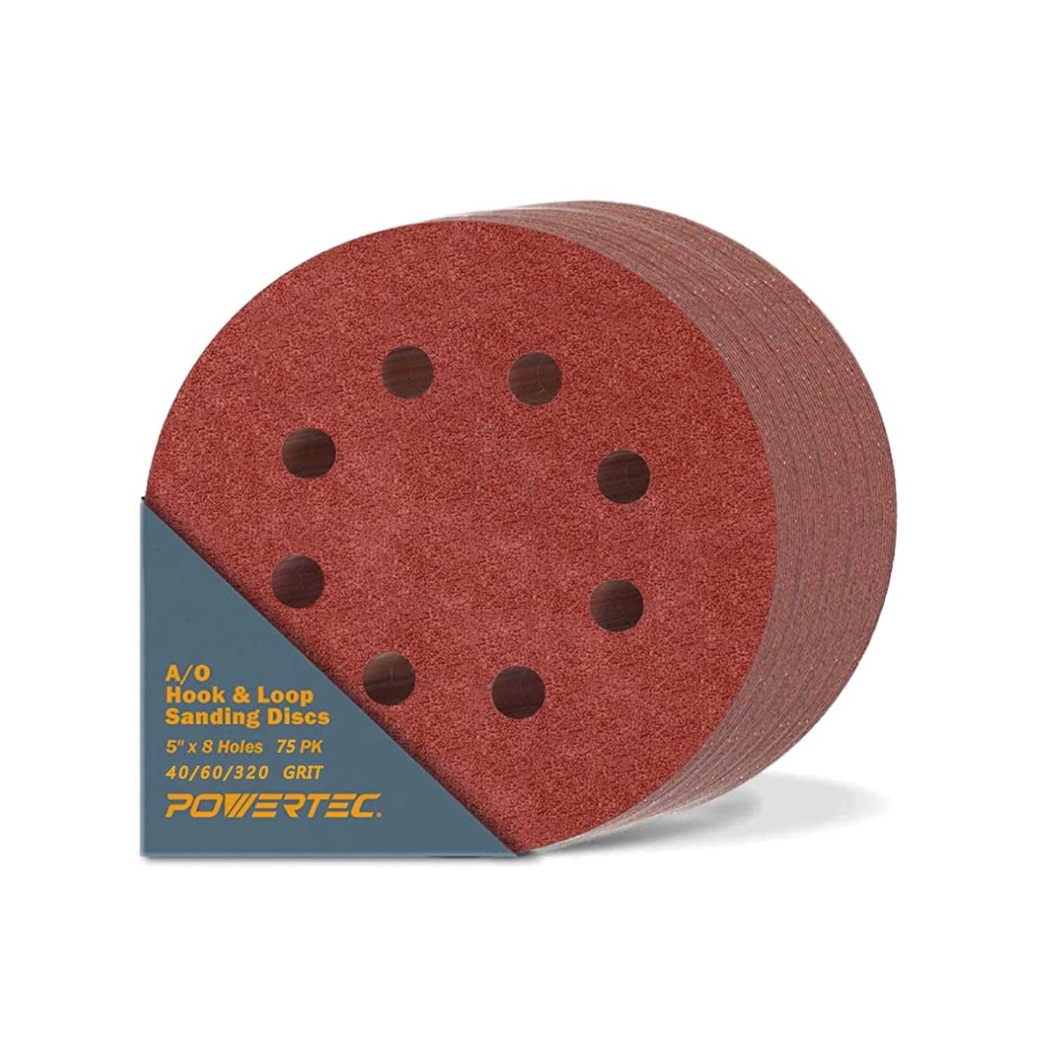 BRAND, CATEGORY, HOOK & LOOP DISCS, POWERTEC, POWERTEC 100PK, 5 Inch 8 Hole Hook and Loop Sanding Discs, 60 Grit, Sandpaper for Random Orbital Sanders, 45006-P4