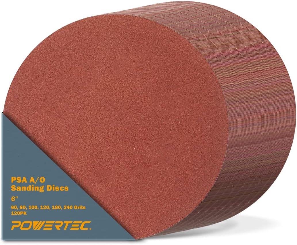 BRAND, CATEGORY, POWERTEC, PSA DISCS, POWERTEC 110262 6 Inch PSA Sanding Discs, 60/80/100/120/180/240 Grit, Aluminum Oxide Adhesive Sandpaper for 4x36 Belt Sander, 120PK