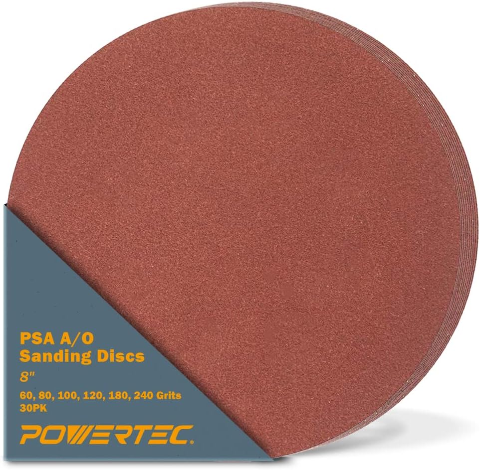 BRAND, CATEGORY, POWERTEC, PSA DISCS, POWERTEC 110541, 30 Pack, 8" PSA A/O Sanding Disc | 60, 80, 100, 120, 180, 240, Assorted Grits, Red