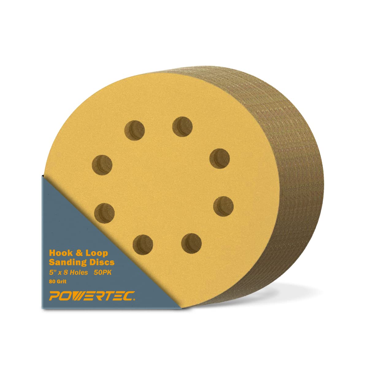 BRAND, CATEGORY, HOOK & LOOP DISCS, POWERTEC, POWERTEC 44008G-50 5 Inch 8 Hole Hook and Loop Sanding Discs, 80 Grit, 50 PK, Sandpaper for Random Orbital Sanders, Air Sander, Pneumatic Sander, Auto Body Shop