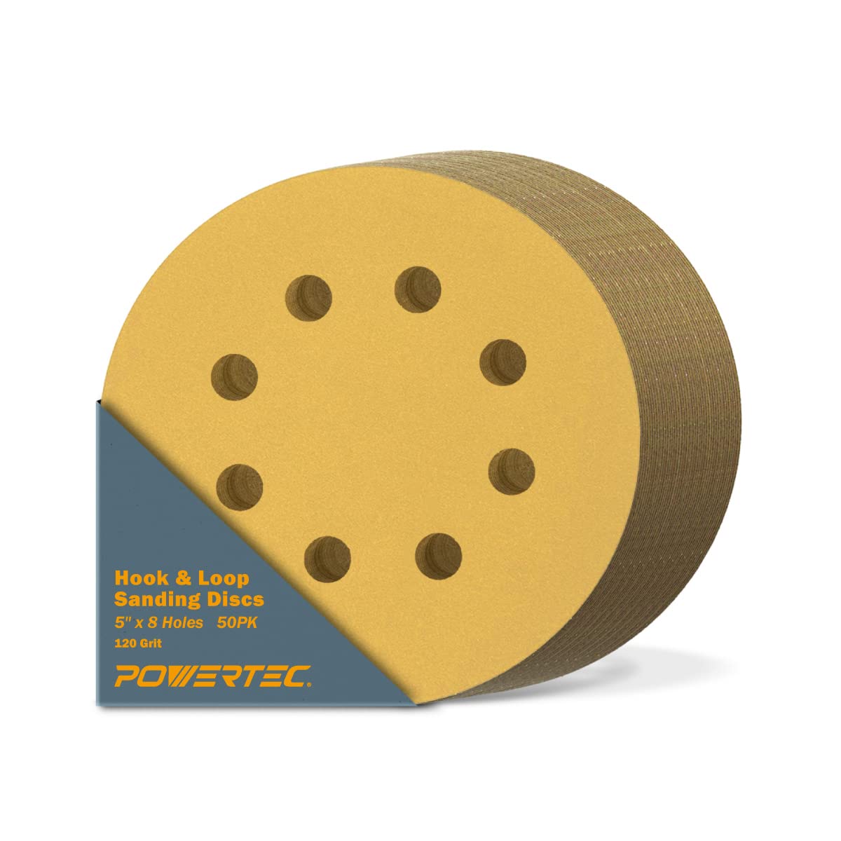 BRAND, CATEGORY, HOOK & LOOP DISCS, POWERTEC, POWERTEC 44012G-50 5 Inch 8 Hole Hook and Loop Sanding Discs, 120 Grit, 50 PK, Sandpaper for Random Orbital Sanders, Air Sander, Pneumatic Sander, Auto Body Shop