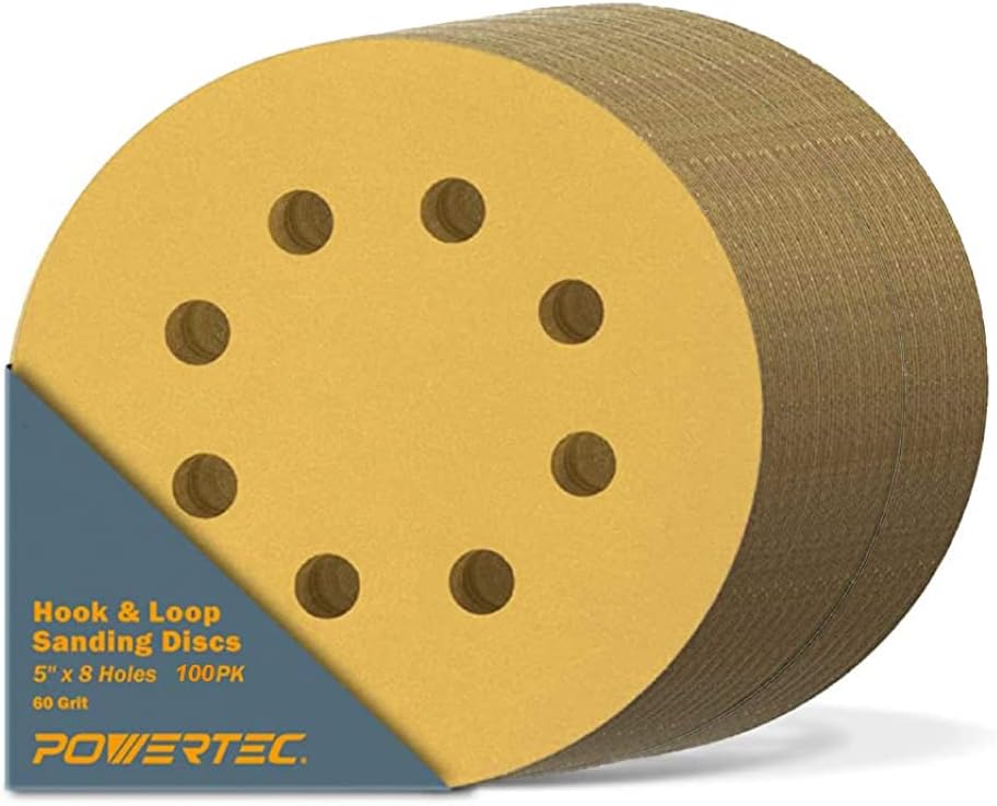 BRAND, CATEGORY, HOOK & LOOP DISCS, POWERTEC, POWERTEC 44015G-50-P2 5 Inch 8 Hole Hook and Loop Sanding Discs, 150 Grit, 100 PK, Sandpaper for Random Orbital Sanders, Air Sander, Pneumatic Sander, Auto Body Shop