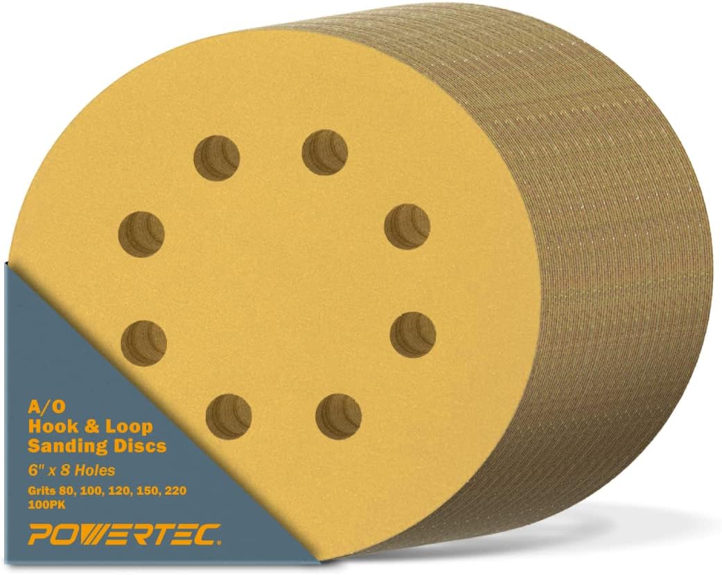 BRAND, CATEGORY, HOOK & LOOP DISCS, POWERTEC, POWERTEC 44201XG-100V, 100 Pack, 6"x 8 Holes, A/O Hook & Loop Sanding Disc | 80, 100, 120, 150, 220 Assorted Grits, Gold