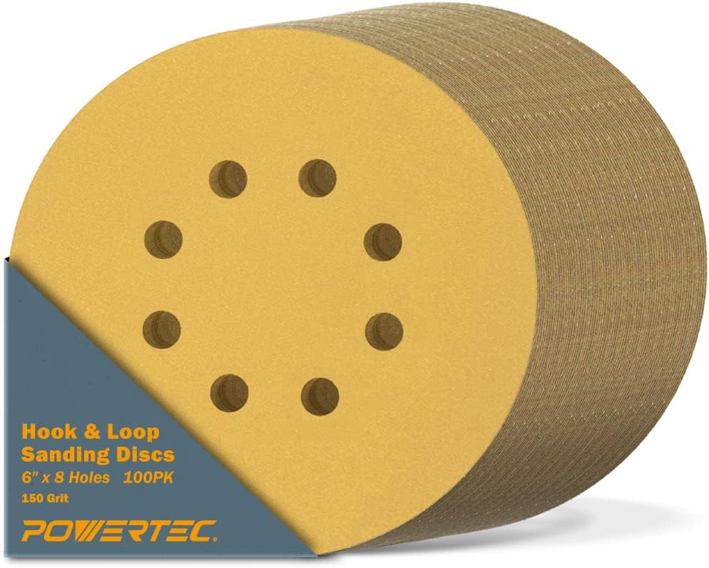 BRAND, CATEGORY, HOOK & LOOP DISCS, POWERTEC, POWERTEC 44208G-50, 6" x 8 Holes, 80 Grit, Hook & Loop Sanding Disc, 50PK, Gold