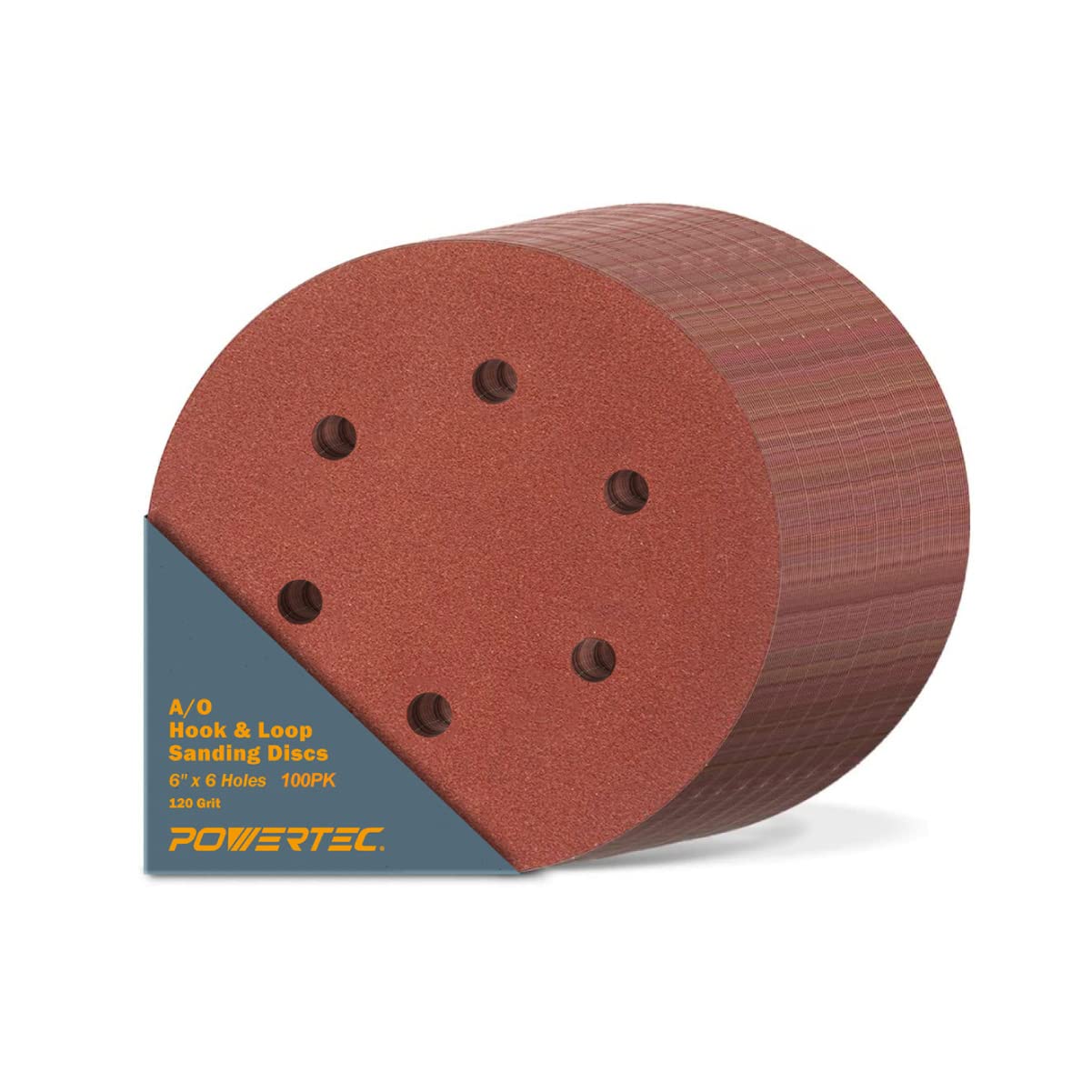 BRAND, CATEGORY, HOOK & LOOP DISCS, POWERTEC, POWERTEC 45206-P4, 100PK, 60 Grit, 6 Inch 6 Hole Hook and Loop Sanding Discs, Sandpaper for Random Orbital Sander, Air Sander, Pneumatic Sander, Dual Action Sander