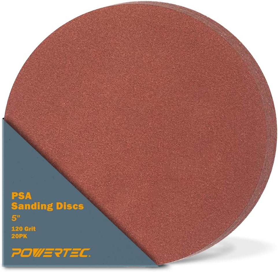 BRAND, CATEGORY, POWERTEC, PSA DISCS, POWERTEC 45510-P3 5-Inch PSA Sanding Disc, 100 Grit, Aluminum Oxide Adhesive Sandpaper for Random Orbital Sander, 1x30 Belt Disc Sander, 60 PK