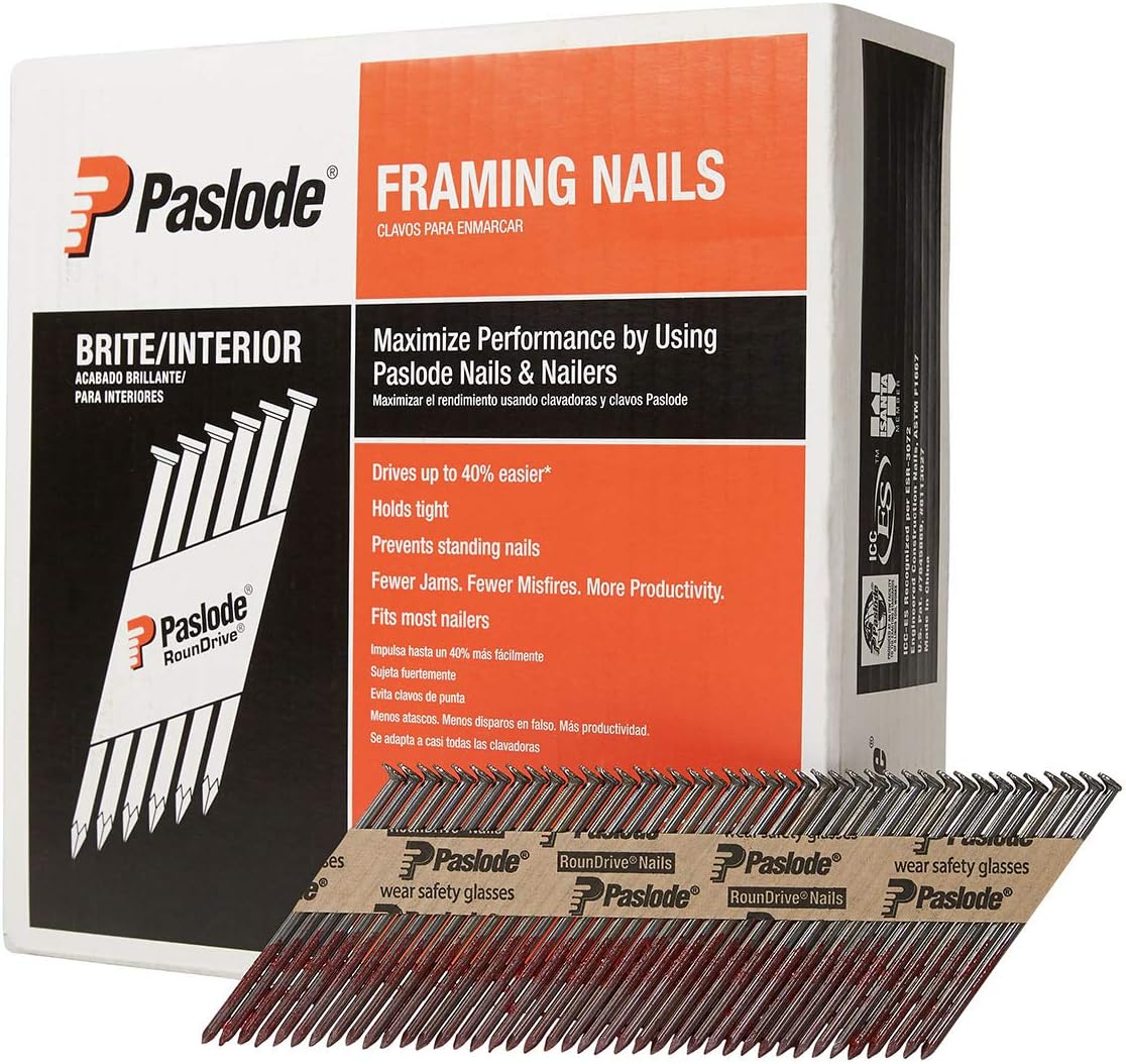 BRAND, CATEGORY, FRAMING NAILS, PASLODE, Paslode Brite 30 Degree Framing Nails - Brite Smooth Shank 30 Degree Paper Tape Collated RounDrive Framing Nails - Smooth Frame Nail for Paslode Nailers - 3 Inch x .120 Gauge - 2500 per Box