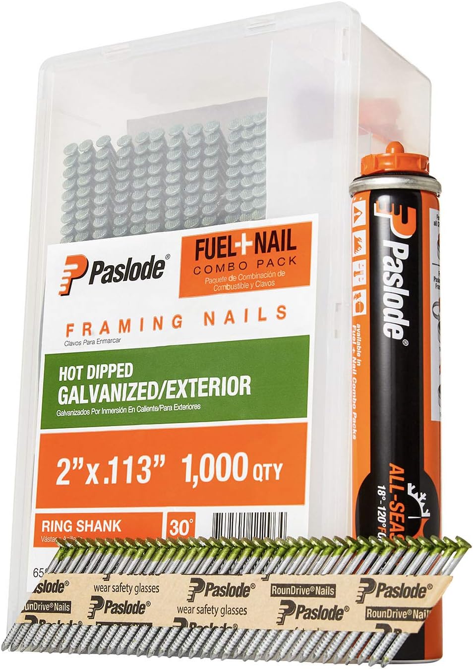 BRAND, CATEGORY, FRAMING NAILS, PASLODE, Paslode, Framing Nails and Fuel Pack, 650564, 2 inch x .113 Gauge, Ring Hot Dipped Galvanized, 1 Fuel Cell and 1,000 Nails