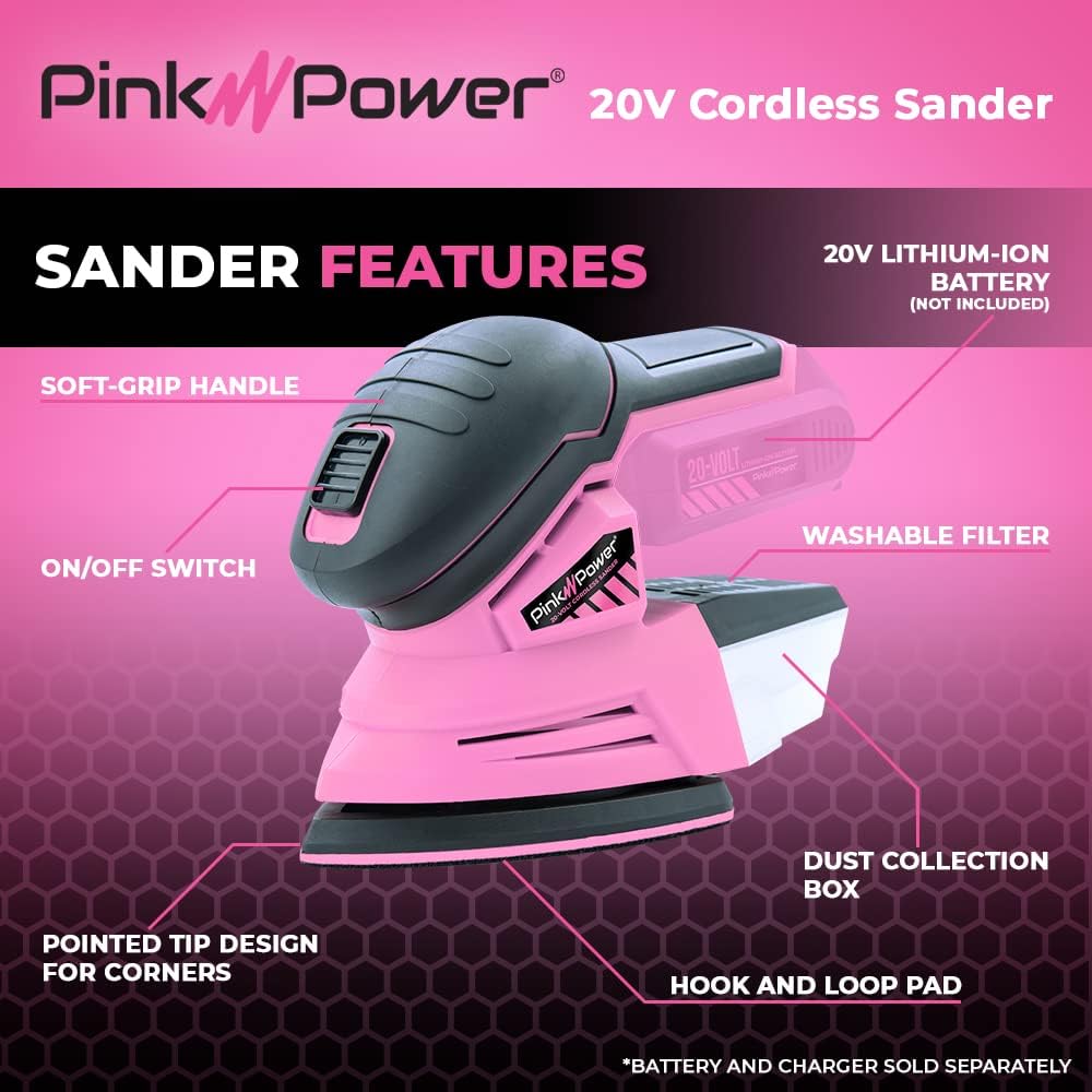 BRAND, CATEGORY, DETAIL SANDERS, RENEWED, Pink Power Detail Sander for Woodworking 20V Cordless Electric Hand Sander for Wood Furniture - Mini Palm Sander Tool w/Sandpaper, Li-Ion Battery & Charger - Small Handheld Sanding Machine (Renewed)