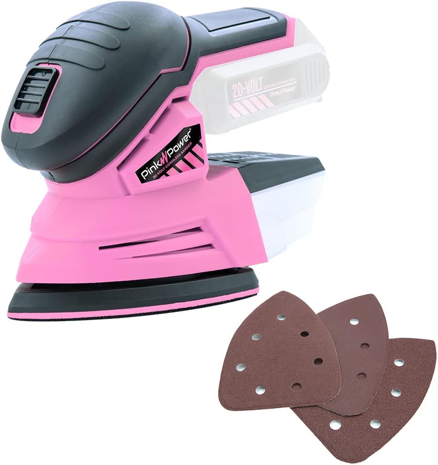 BRAND, CATEGORY, DETAIL SANDERS, RENEWED, Pink Power Detail Sander for Woodworking 20V Cordless Electric Hand Sander for Wood Furniture - Mini Palm Sander Tool w/Sandpaper, Li-Ion Battery & Charger - Small Handheld Sanding Machine (Renewed)