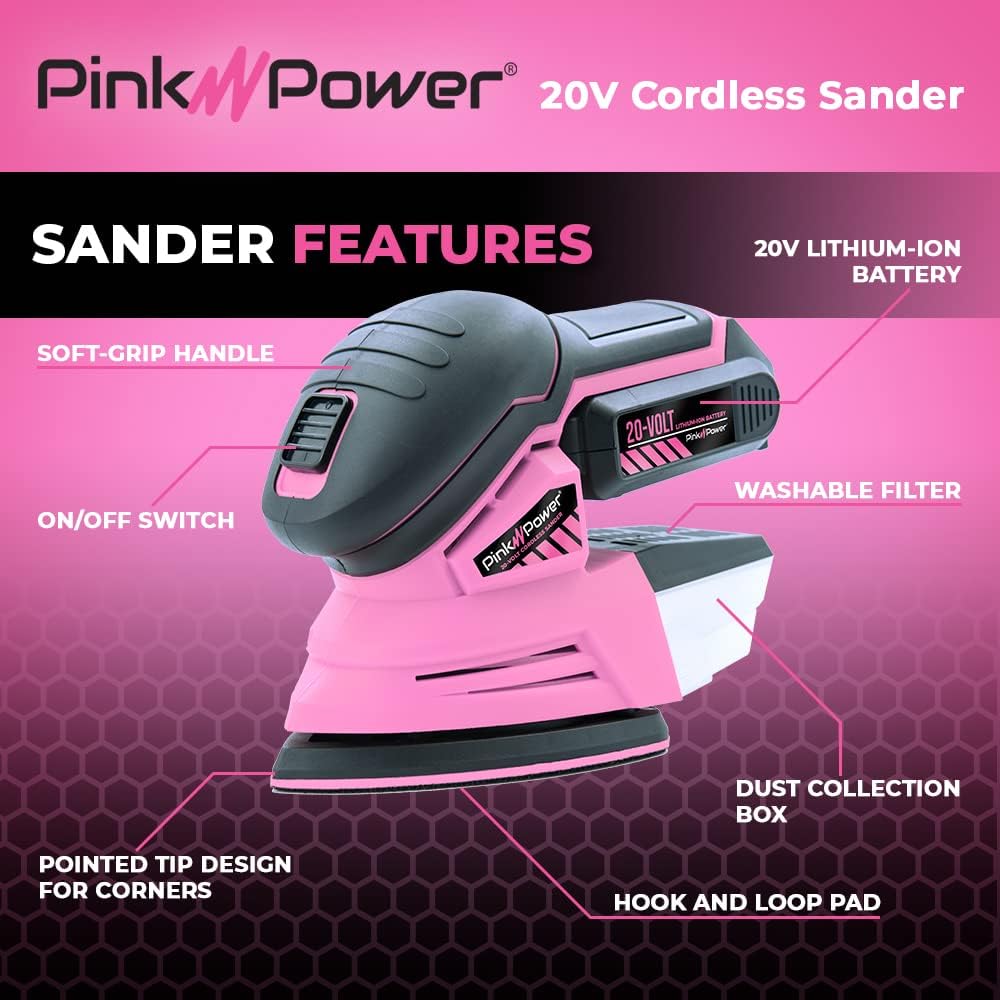 BRAND, CATEGORY, DETAIL SANDERS, RENEWED, Pink Power Detail Sander for Woodworking 20V Cordless Electric Hand Sander for Wood Furniture - Mini Palm Sander Tool w/Sandpaper, Li-Ion Battery & Charger - Small Handheld Sanding Machine (Renewed)