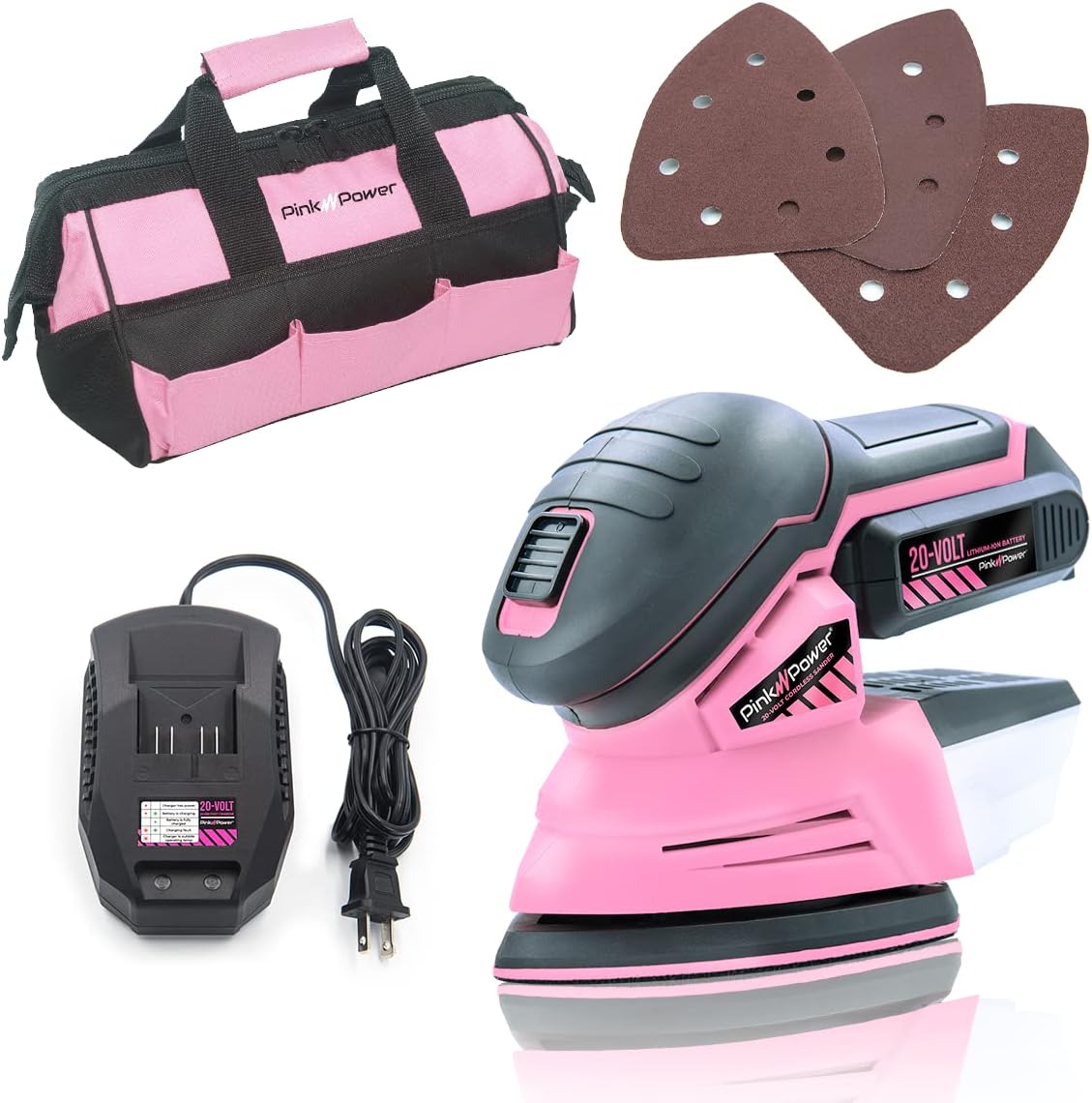 BRAND, CATEGORY, DETAIL SANDERS, PINK POWER, Pink Power Detail Sander for Woodworking 20V Cordless Electric Hand Sander for Wood Furniture - Mini Palm Sander Tool with Sandpaper, Li-Ion Battery & Charger - Small Handheld Sanding Machine