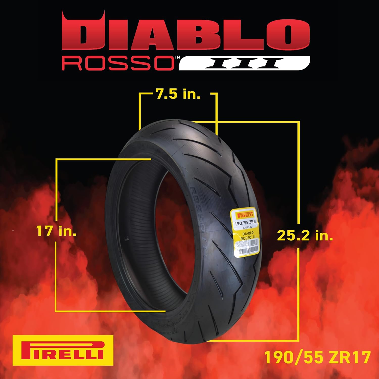 BRAND, CATEGORY, PIRELLI, SPORT, Pirelli Diablo Rosso III 190/55 ZR17 Rear Motorcycle Tire with Keychain 190/55-17 (Single)