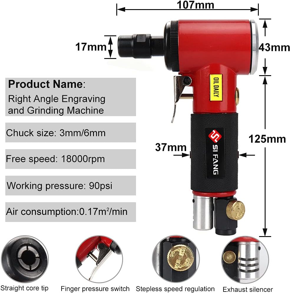 BAINUO, BRAND, CATEGORY, DIE GRINDERS, Pneumatic Angle Die Grinder - Right Angle Grinder Machine | ¼” Air Inlet Variable Speed Pneumatic Grinding Machine with 1/4" And 1/8" Collet, New Version Air Tool Set (Red)