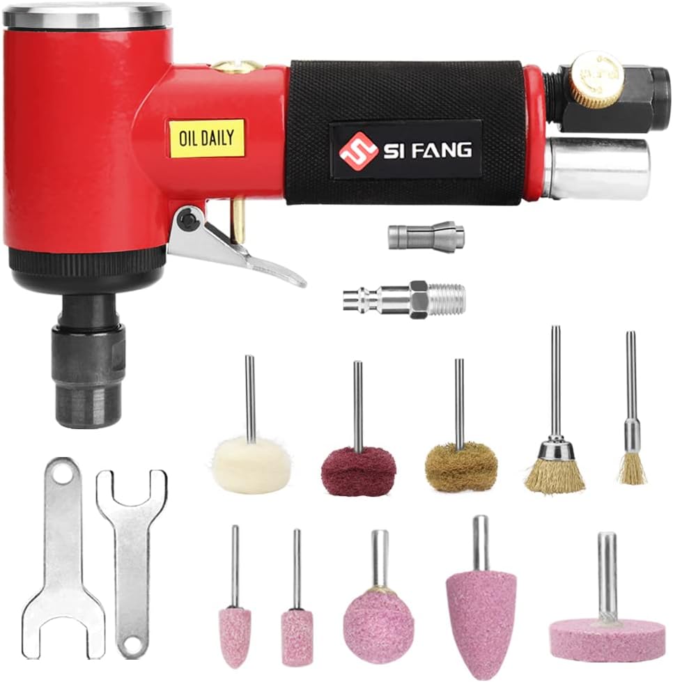 BAINUO, BRAND, CATEGORY, DIE GRINDERS, Pneumatic Angle Die Grinder - Right Angle Grinder Machine | ¼” Air Inlet Variable Speed Pneumatic Grinding Machine with 1/4" And 1/8" Collet, New Version Air Tool Set (Red)