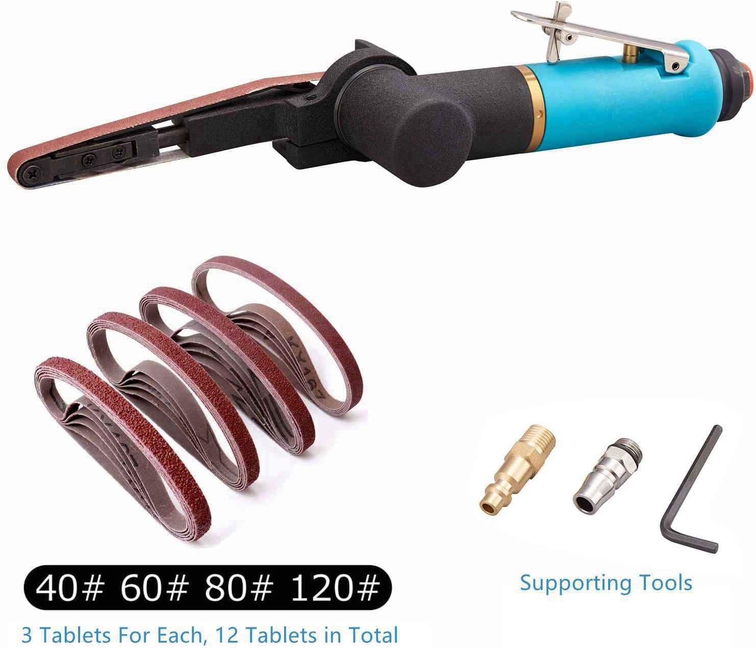 BELT SANDERS, BRAND, CATEGORY, MINIMPROVER, Pneumatic Tool Air Belt Sander,1/4" Air Inlet,Air Belt Sander (3/8" x 13") with 12pc Belts (#40，#60，80#，120#),3/8" Air Belt Grinder For Aluminium, Iron, Steel And Etc. Metal Polishing