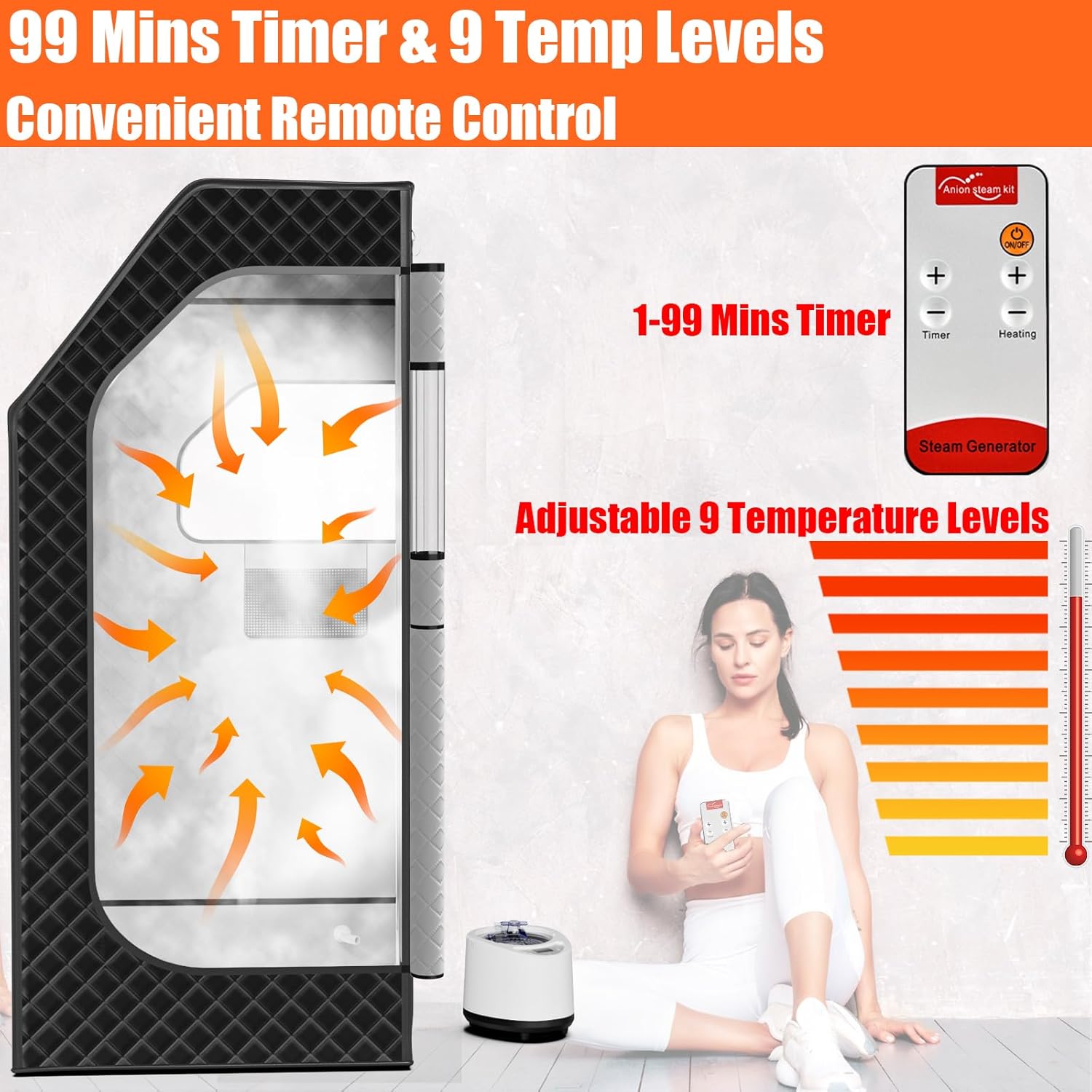 BRAND, BSDONTE, CATEGORY, SAUNAS, Portable Sauna Box for Home, Personal Steam Sauna Tent with 1000W 2.6L Steamer, Timer, Remote Control, Folding Chair, 9 Levels Heating, Indoor Steam Room Full Body, Size 2.6’ x 2.6’ x 5.9’