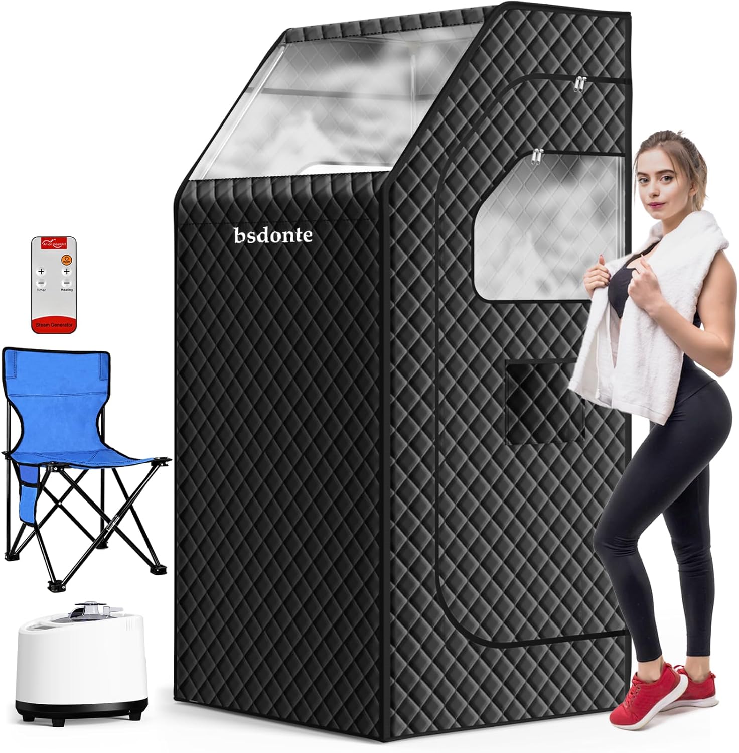 BRAND, BSDONTE, CATEGORY, SAUNAS, Portable Sauna Box for Home, Personal Steam Sauna Tent with 1000W 2.6L Steamer, Timer, Remote Control, Folding Chair, 9 Levels Heating, Indoor Steam Room Full Body, Size 2.6’ x 2.6’ x 5.9’