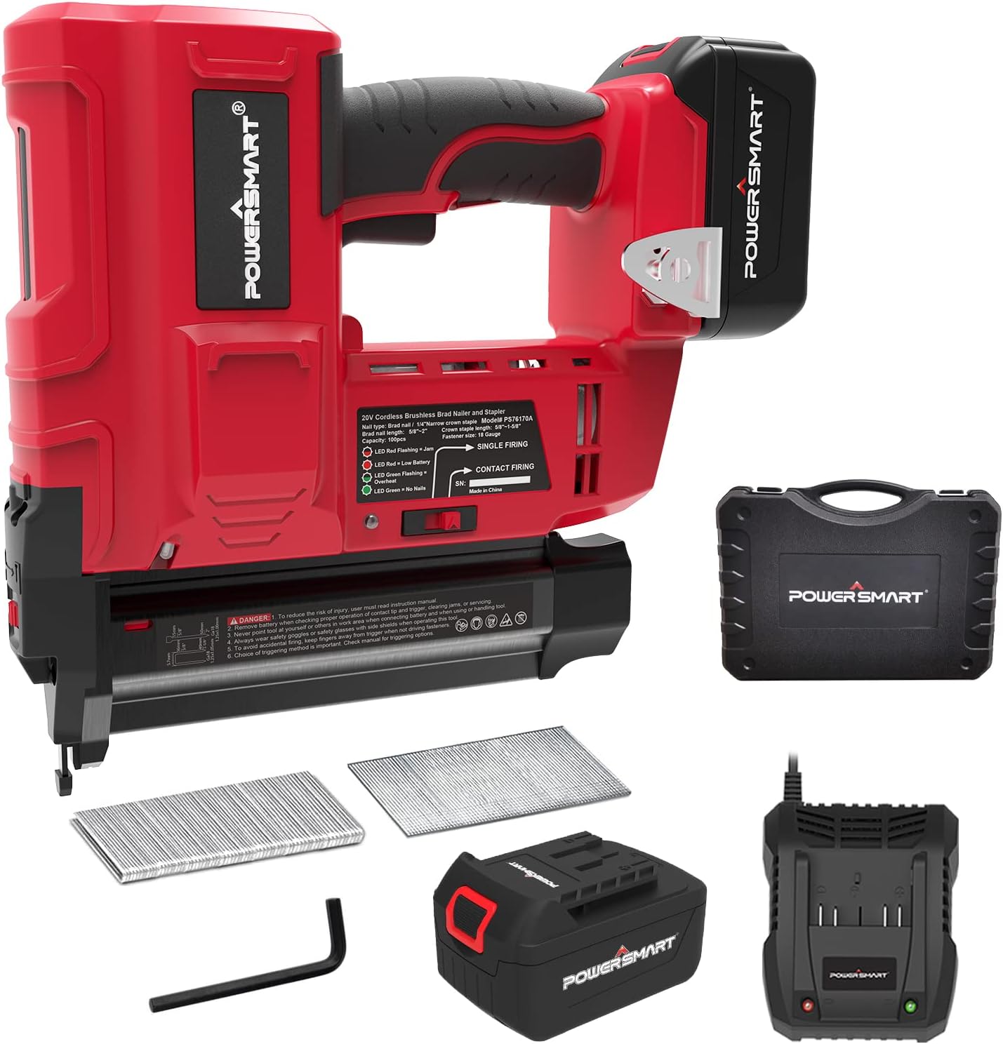 BRAD NAILERS, BRAND, CATEGORY, POWERSMART, PowerSmart 20V Cordless Brad Nailer Kit, 18 Gauge 2 in 1 Brad Nail/Staple Gun with 4.0Ah Lithium-Ion Battery and Fast Charger, 18GA Nails Staples for Woodworking