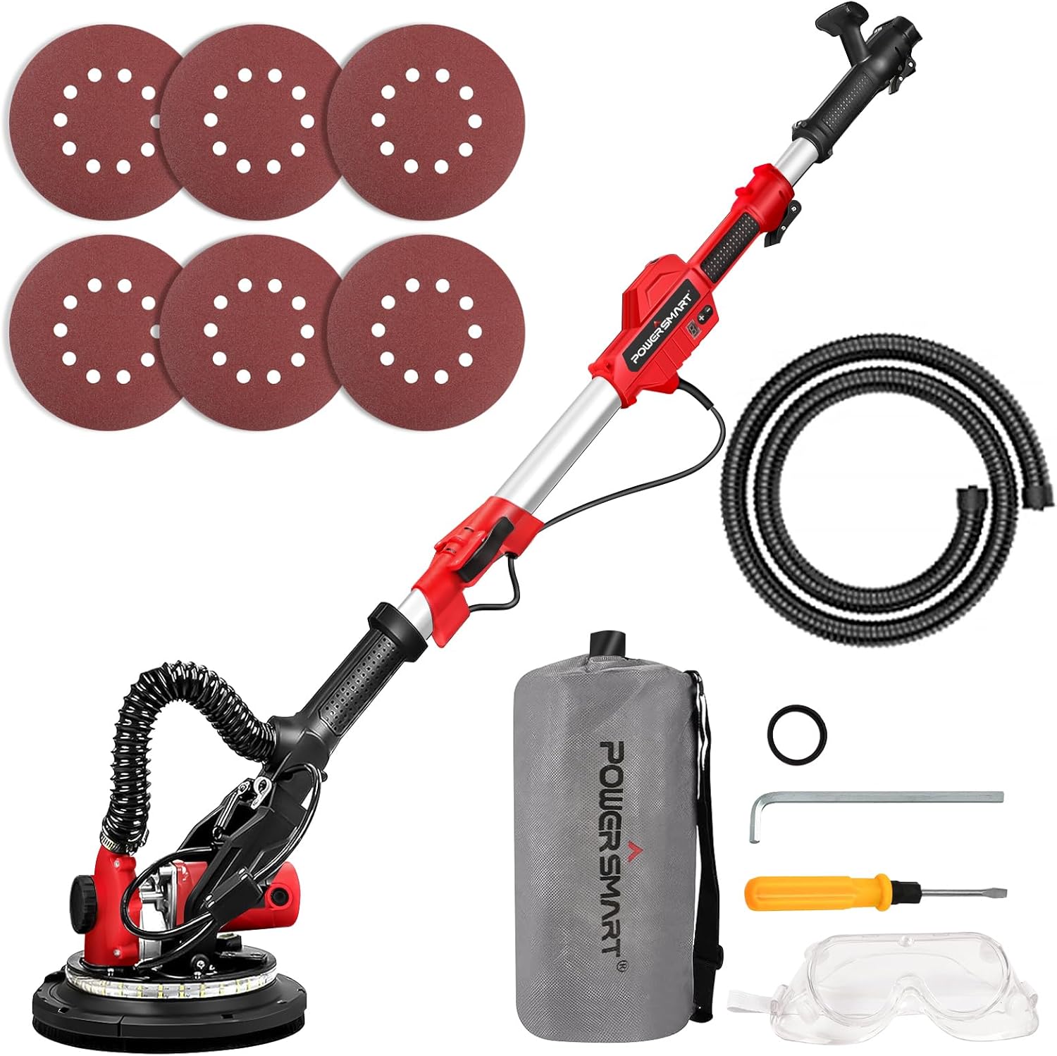 BRAND, CATEGORY, DISC SANDERS, POWERSMART, PowerSmart Drywall Sander with Vacuum Attachment, 800W 7.2Amp, Variable Speed 900-1800RPM, LED Light, 6 PCS Sanding Discs Included PS4001A 2024 Verison