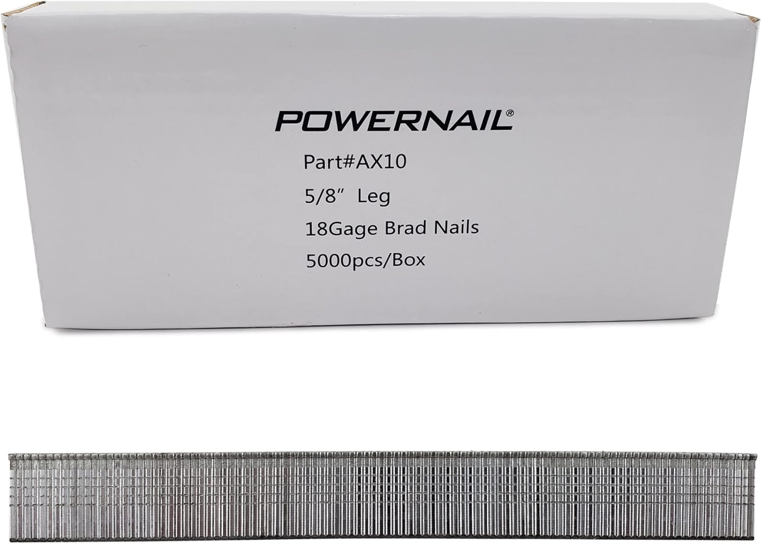 BRAD NAILS, BRAND, CATEGORY, POWERNAIL, Powernail AX10 18 Gauge 5/8 Inch Length Galvanized Straight Brad Nails (Case of 20x 5000ct Boxes)