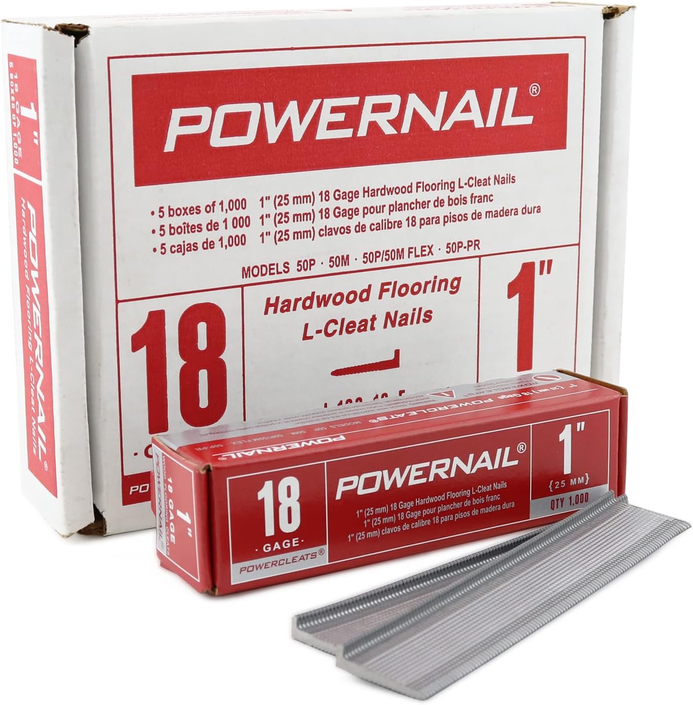 BRAND, CATEGORY, FLOORING NAILS, POWERNAIL, Powernail L100185 18 Gauge 1 Inch Length L-Cleat Nail for Wood Flooring (1 Case of 5-1000 ct. boxes)