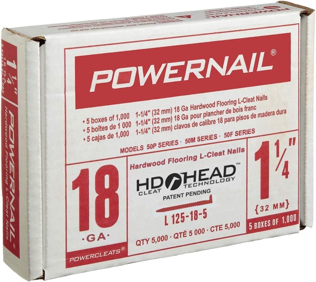 BRAND, CATEGORY, FLOORING NAILS, POWERNAIL, Powernail L125185 18 Gauge 1-1/4 Inch Length HD L-Cleat Flooring Nails (Box of 5000)