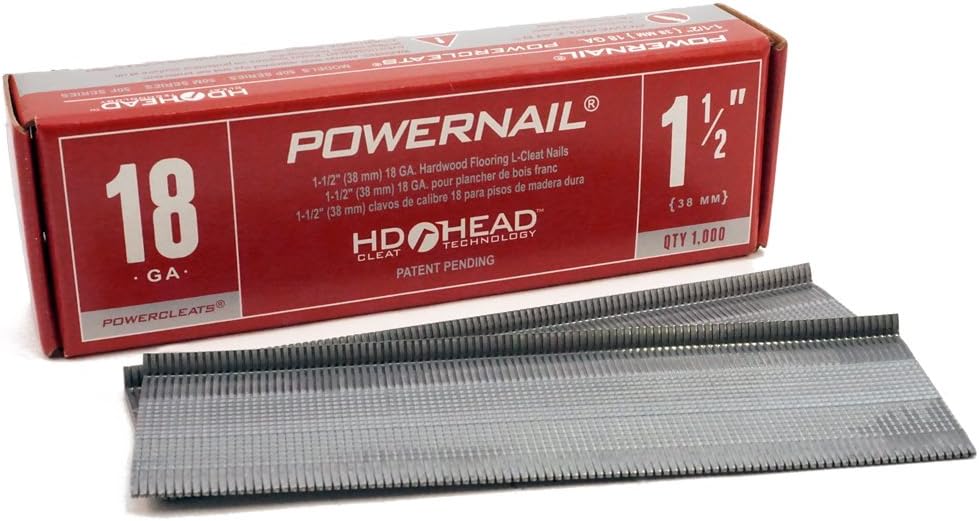 BRAND, CATEGORY, FLOORING NAILS, POWERNAIL, Powernail L150185 18-Gauge 1-1/2-Inch Length Powercleats L-Cleat Flooring Nails (Case of 5-1000ct boxes)