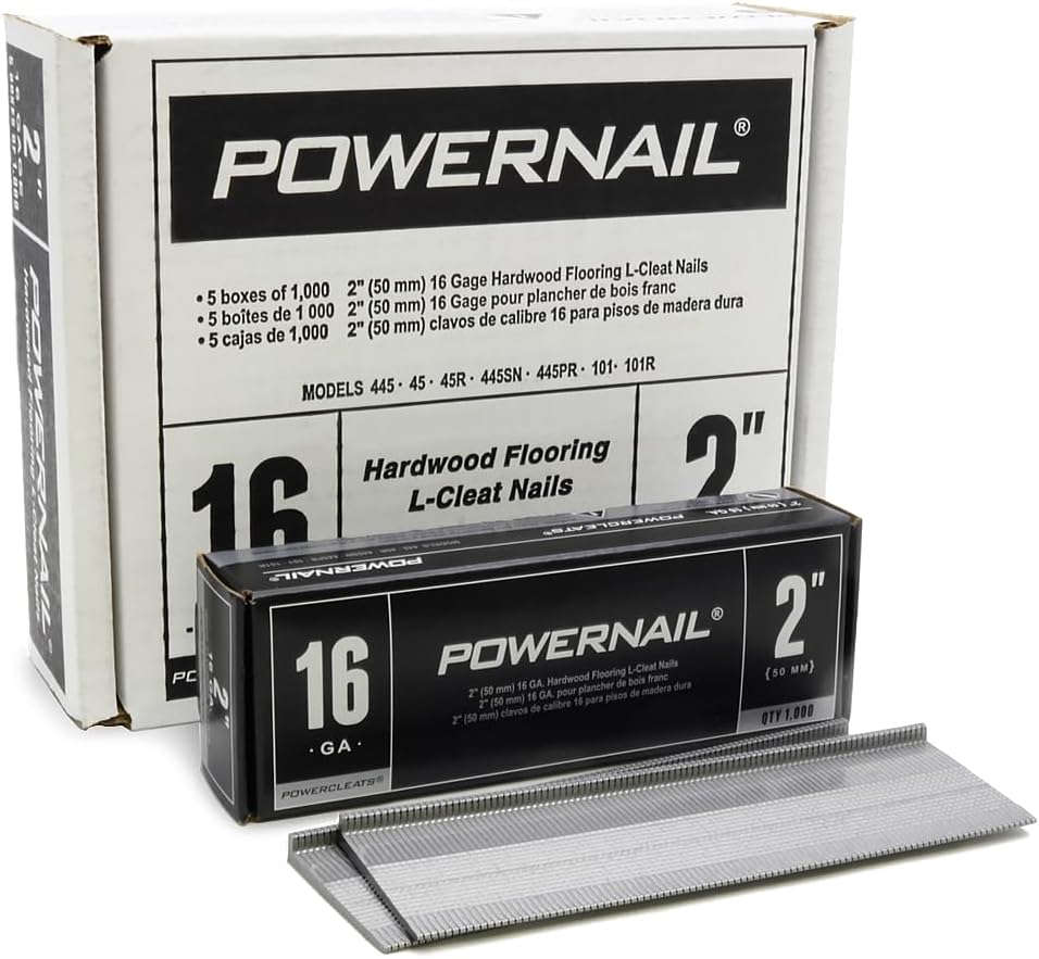 BRAND, CATEGORY, FLOORING NAILS, POWERNAIL, Powernail L200165 16 Gauge 2 Inch Length L-Cleat Nail for Hardwood Flooring (1 case of 5-1000ct Boxes)