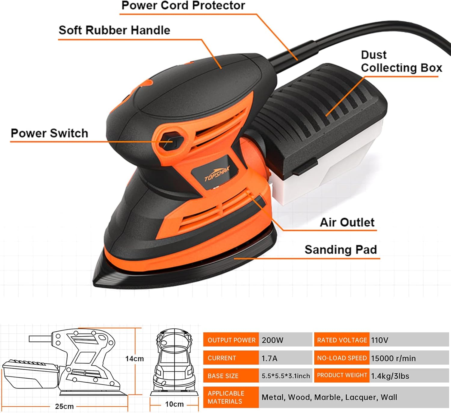 BRAND, CATEGORY, RANDOM-ORBIT SANDERS, TOPSHAK, Random Orbit Sander, 200W Palm Sander with 12pcs Sanding Paper, 5 Inches Hand Sander Tool, 15000 RPM Electric Orbit Sanders, Sanders for Woodworking, Sanding, Detailing, Finishing…