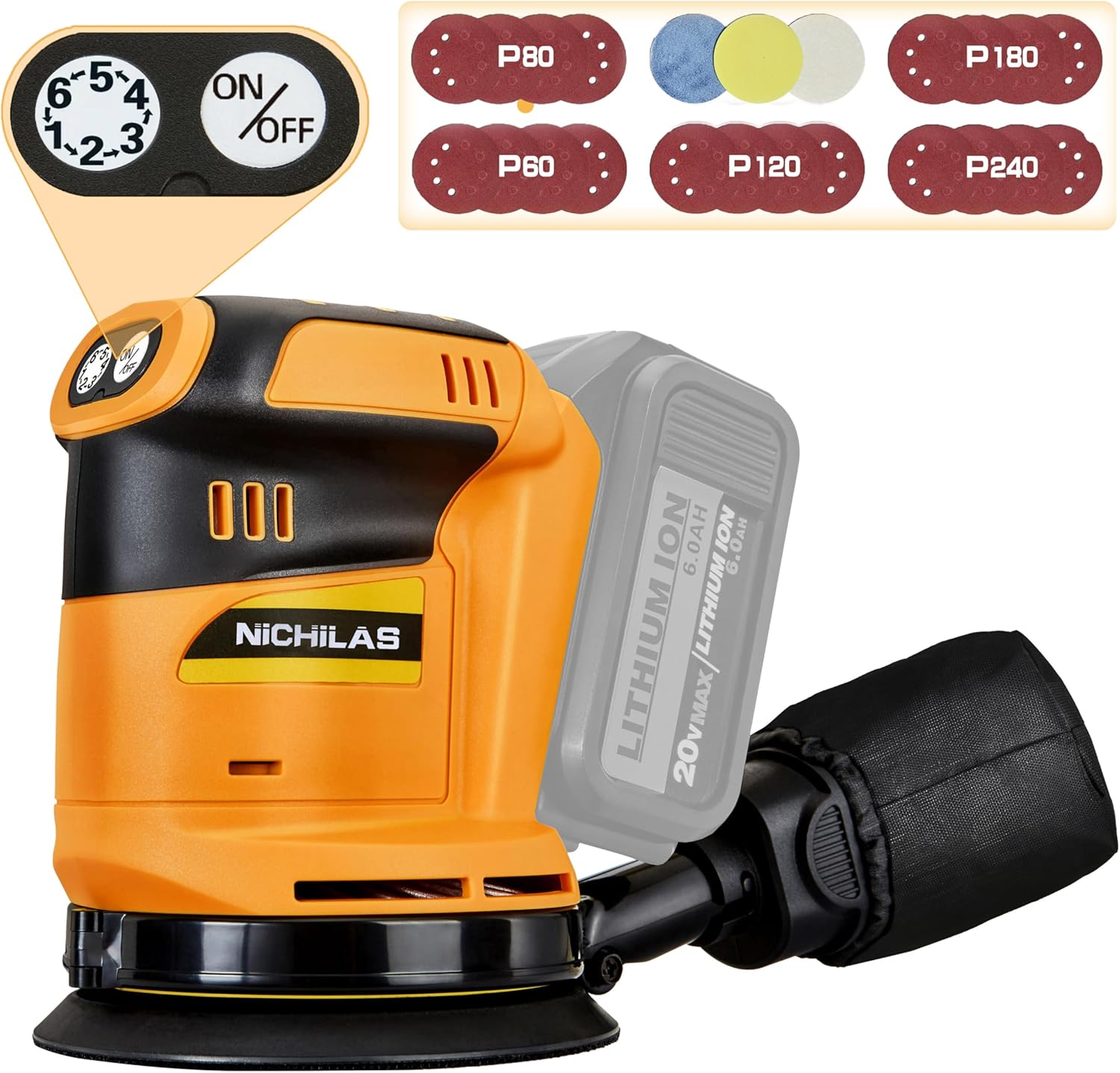 BRAND, CATEGORY, NICHILAS, RANDOM-ORBIT SANDERS, Random Orbit Sander for DEWALT Lithium Battery, 5” electric Sander 3 Speed Brush Motor with Dust Collector, Sandpapers, Sponges for Sanding and Polishing (No Battery)