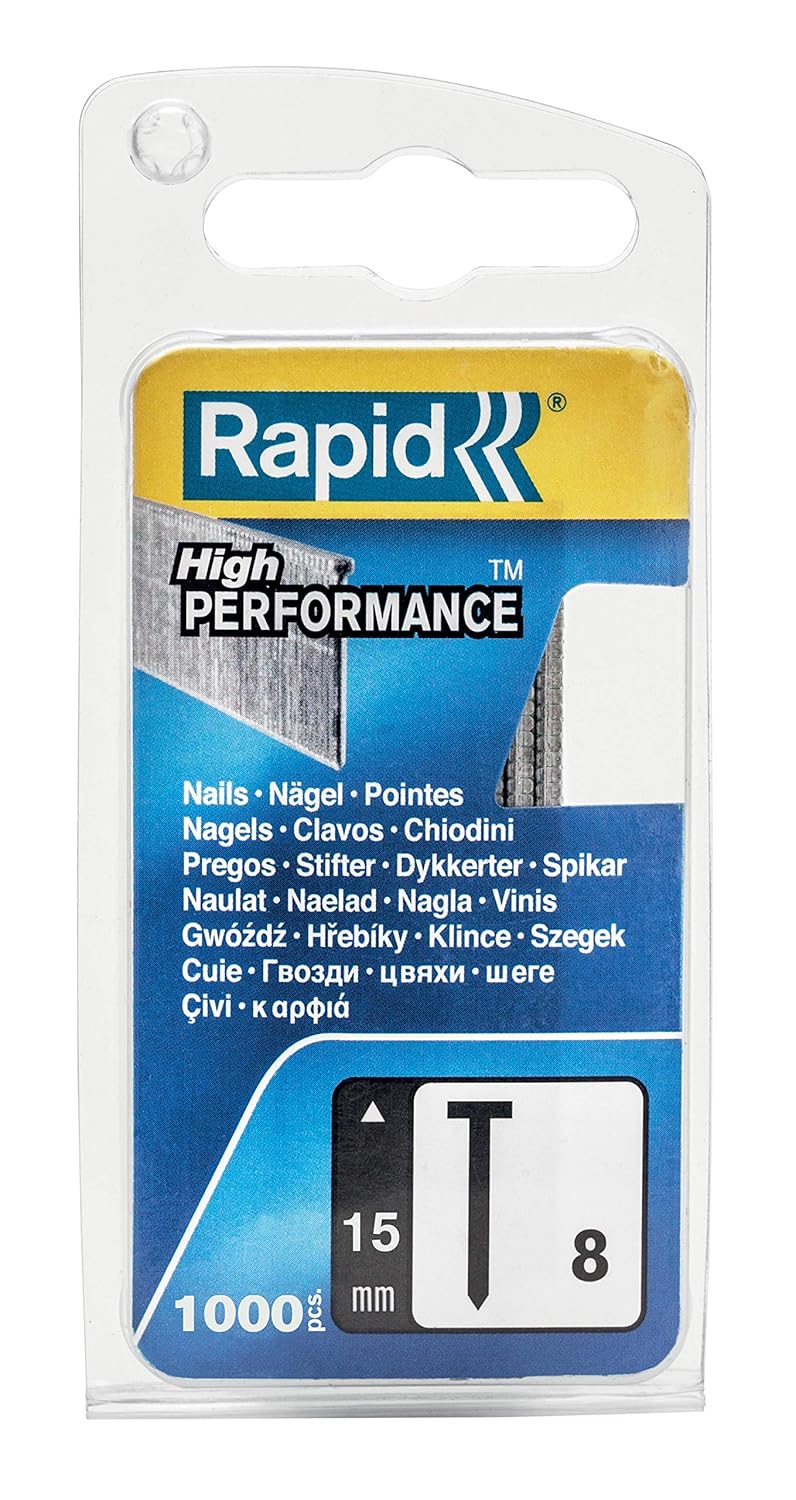 BRAND, CATEGORY, RAPID, STAPLERS & TACKERS, Rapid High Performance No.8 Galvanised Steel Brad Nails, Wire Length: 15 mm, 40109533-1000 Pieces