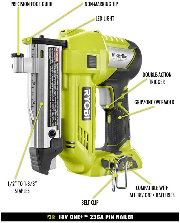 BRAND, CATEGORY, FINISH NAILERS, RYOBI, Ryobi 18-Volt ONE+ Lithium-Ion Cordless AirStrike 23-Gauge 1-3/8 inch Headless Pin Nailer (Tool Only)