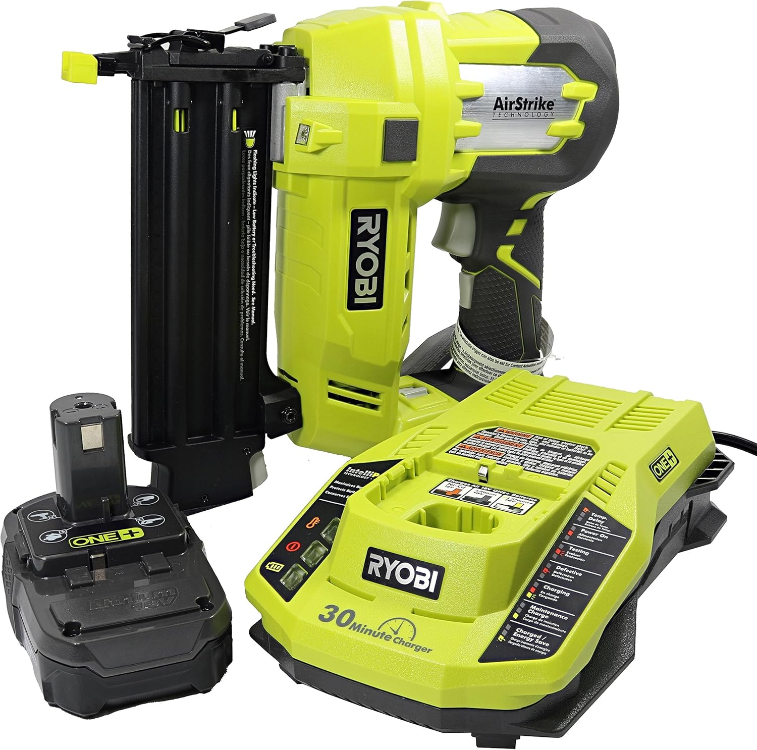 BRAD NAILERS, BRAND, CATEGORY, RYOBI, Ryobi 3 Piece 18V One+ Airstrike Brad Nailer Kit (Includes: 1 x P320 Brad Nailer, 1 x P102 2AH 18V Battery, 1 x P117 IntelliPort Dual Chemistry Battery Charger)