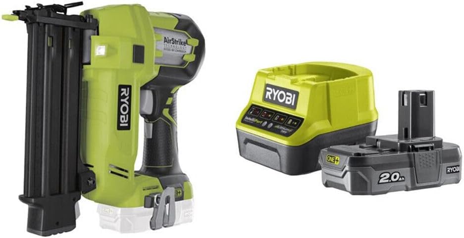 BRAND, CATEGORY, FINISH NAILERS, RYOBI, Ryobi 5133003860 18V OnePlus Finishing Nailer-1 LithiumPlus 2.0Ah Battery-1 Fast Charger R18N18G-120S, Black/Green