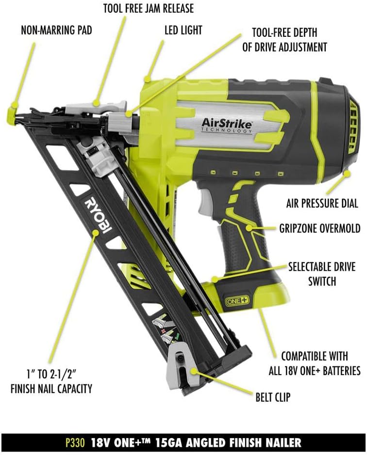 BRAND, CATEGORY, FINISH NAILERS, RYOBI, Ryobi P330 18V ONE+ Angled 15 Ga Finish Nailer Battery and Charger Not Included