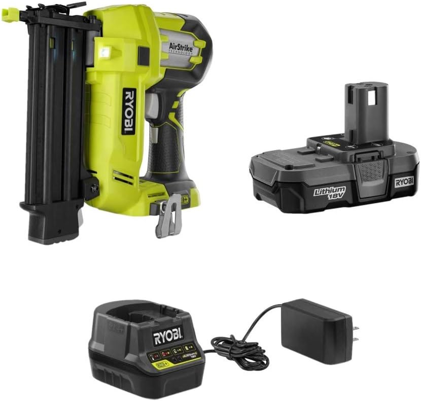 BRAD NAILERS, BRAND, CATEGORY, RENEWED, Ryobi 3 Piece 18V One+ Airstrike Brad Nailer Kit (Includes: 1 x P320 Brad Nailer, 1 x P190 18-Volt ONE+ 2.0 Ah lithium-ion battery, P118 dual chemistry charger (Renewed)