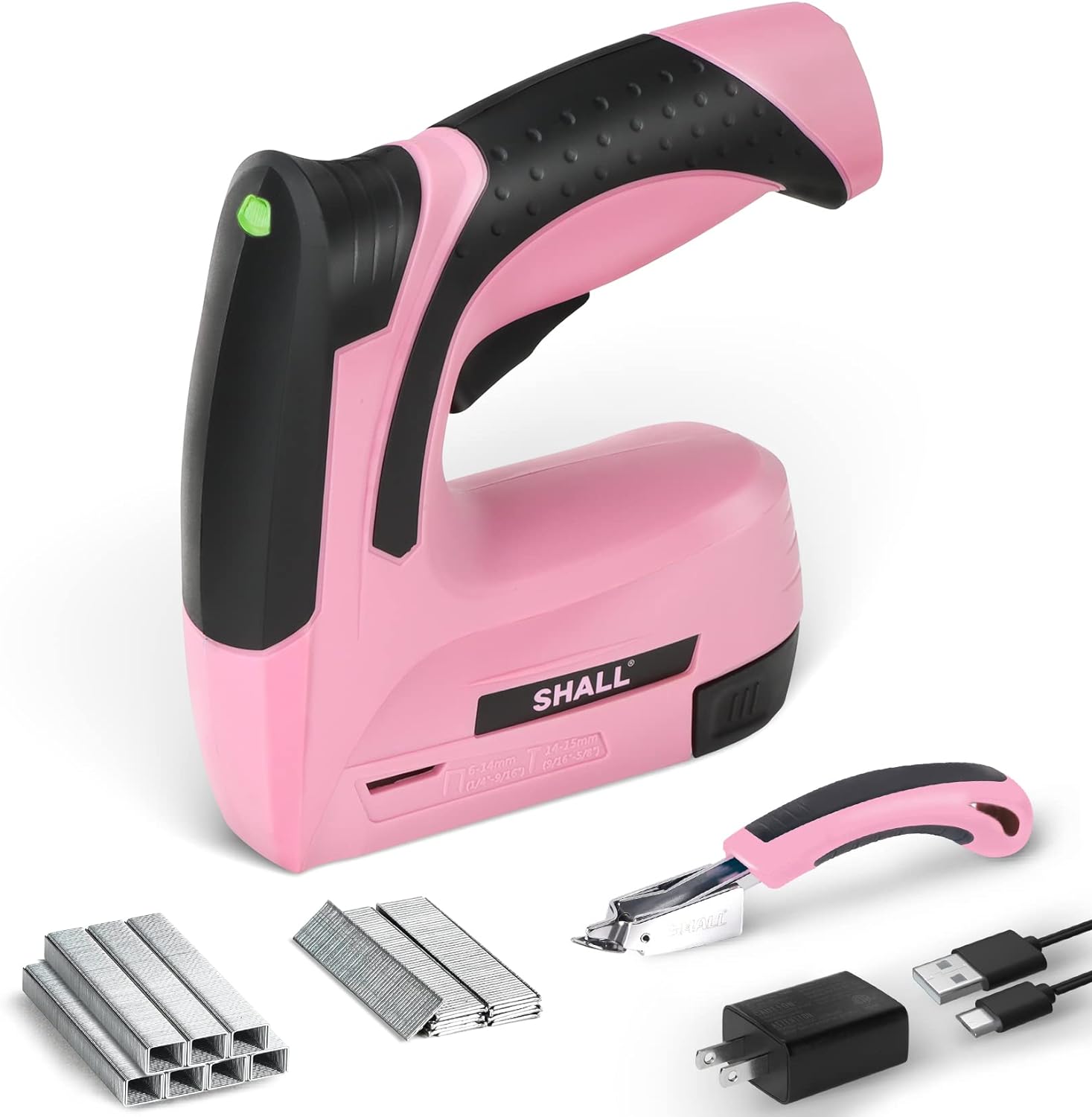 BRAND, CATEGORY, FINISH STAPLERS, SHALL, SHALL Electric Staple Gun, 3 in 1 Cordless Upholstery Stapler Nail Gun for Wood, 4V Rechargeable Brad Nailer Kit w/ 2500 Staples Nails, Staple Remover & Fast Charger for Crafts, DIY, Decoration